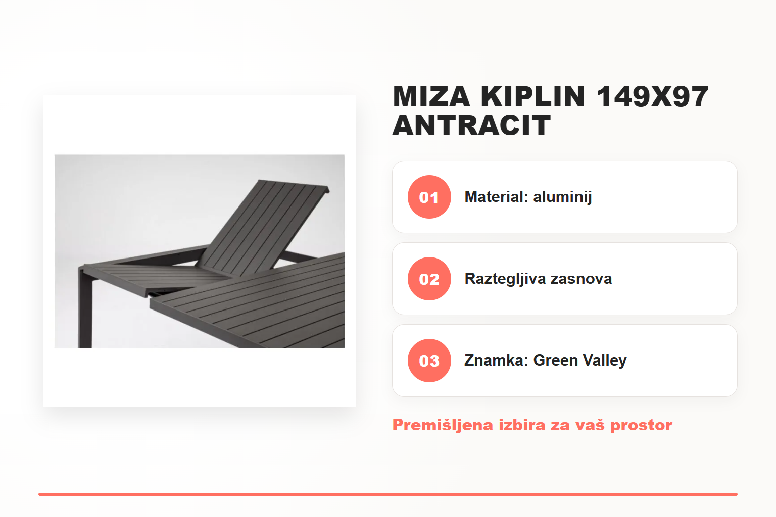 Miza KIPLIN 149X97 antracit – pregled ključnih lastnosti