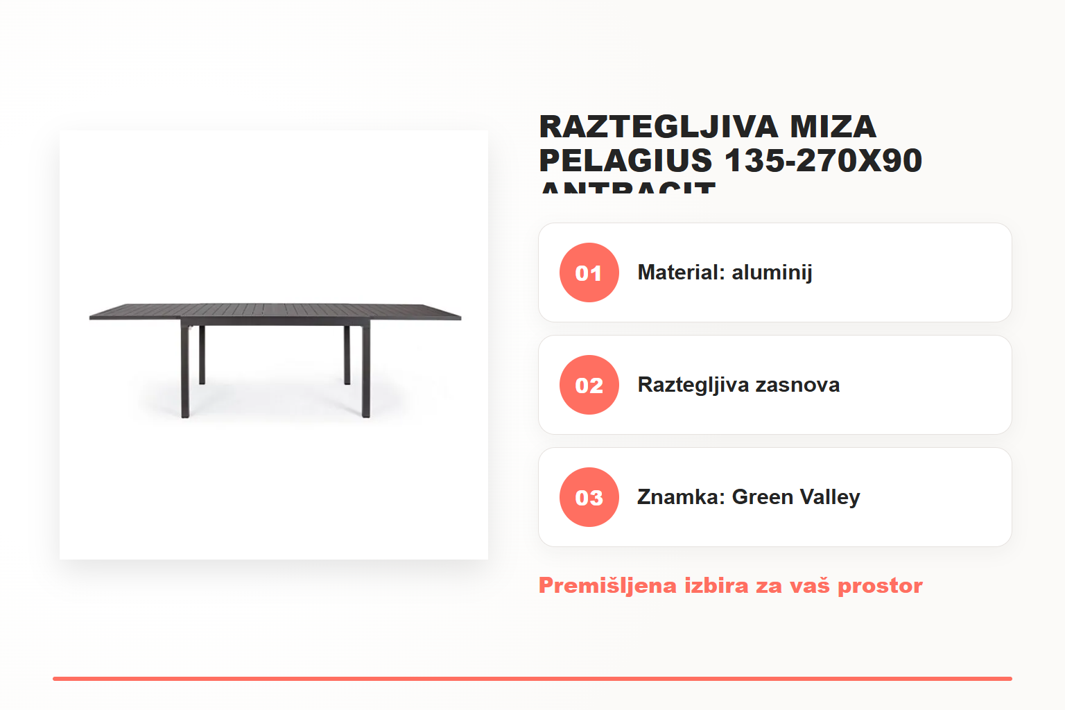Raztegljiva miza PELAGIUS 135-270X90 antracit – pregled ključnih lastnosti