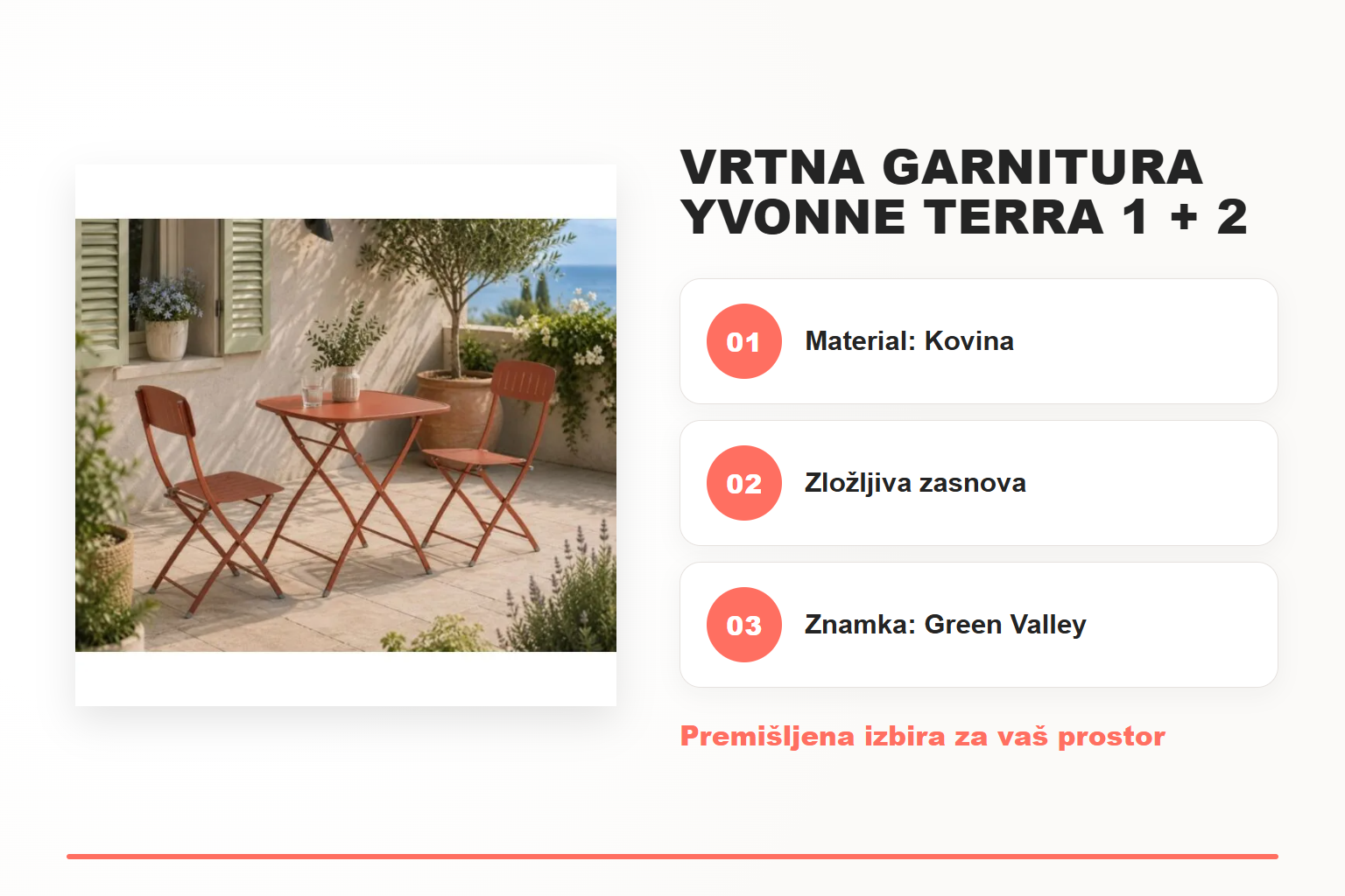 Vrtna garnitura YVONNE terra 1 + 2 – pregled ključnih lastnosti