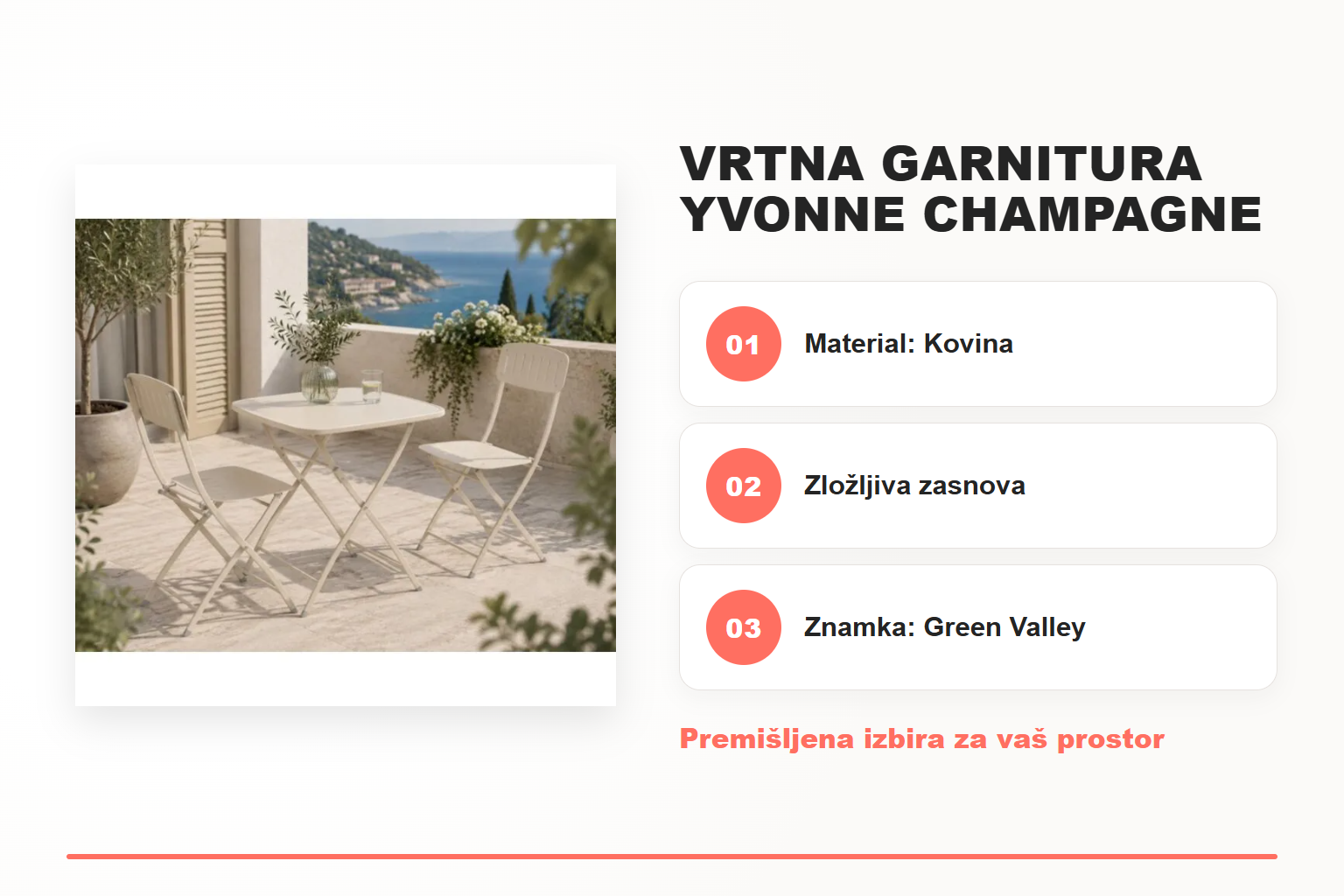 Vrtna garnitura YVONNE CHAMPAGNE 1+2 – pregled ključnih lastnosti