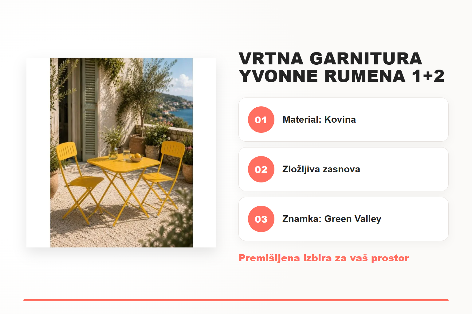 Vrtna garnitura YVONNE rumena 1+2 – pregled ključnih lastnosti