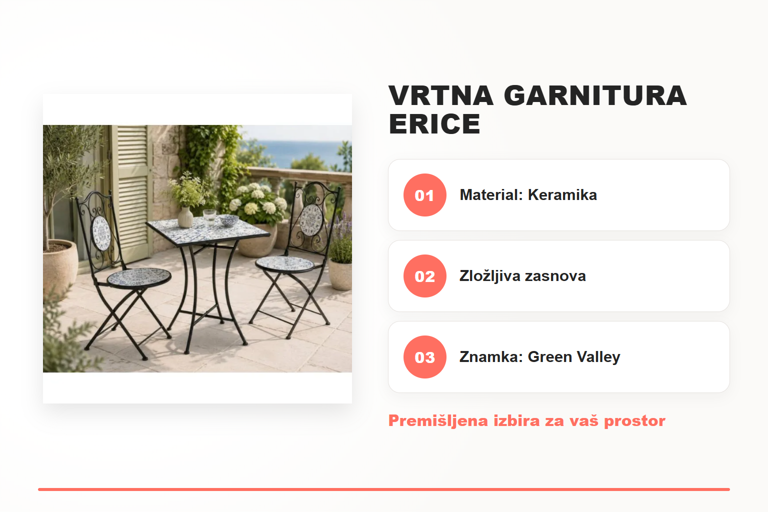 Vrtna garnitura ERICE – pregled ključnih lastnosti