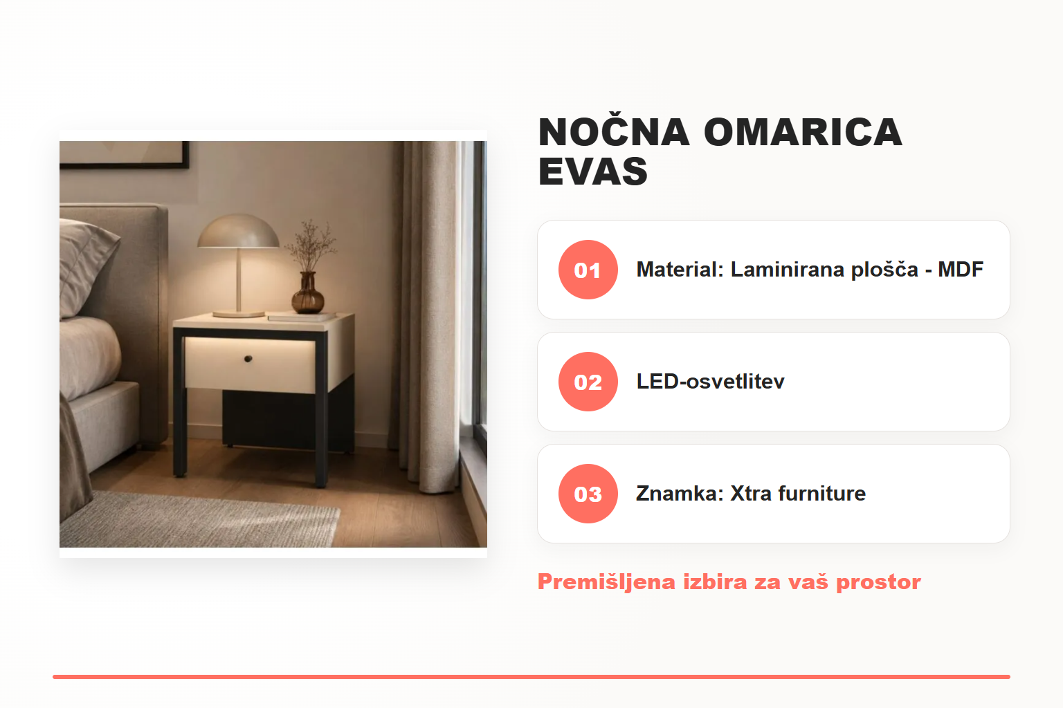 Nočna omarica EVAS – pregled ključnih lastnosti