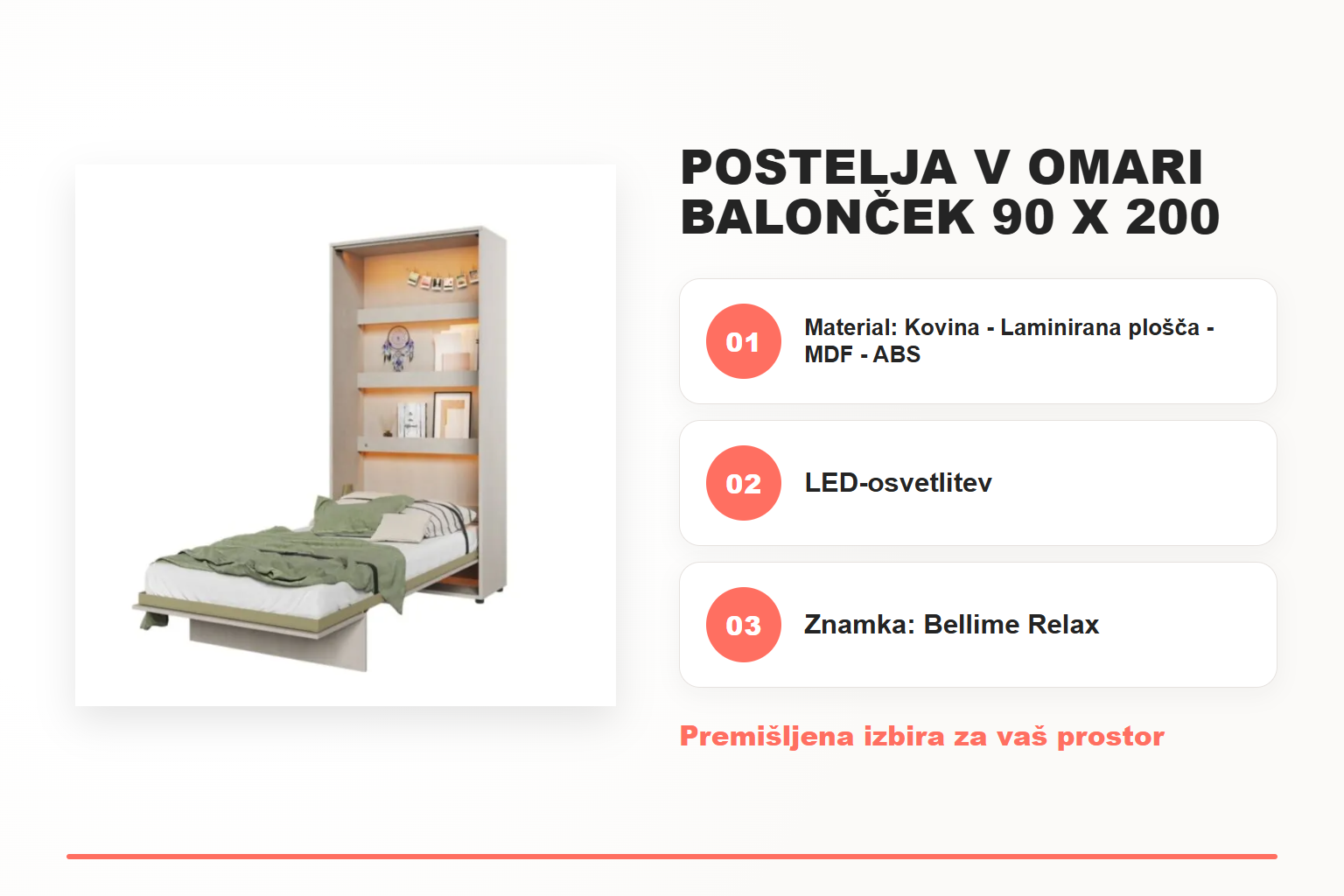 Postelja v omari BALONČEK 90 x 200 – pregled ključnih lastnosti