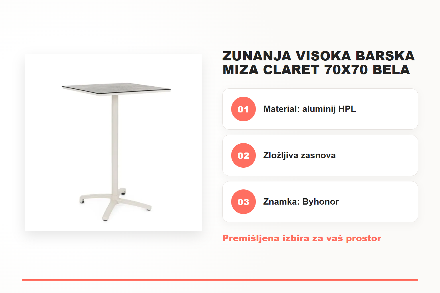 Zunanja visoka barska miza CLARET 70X70 bela – pregled ključnih lastnosti