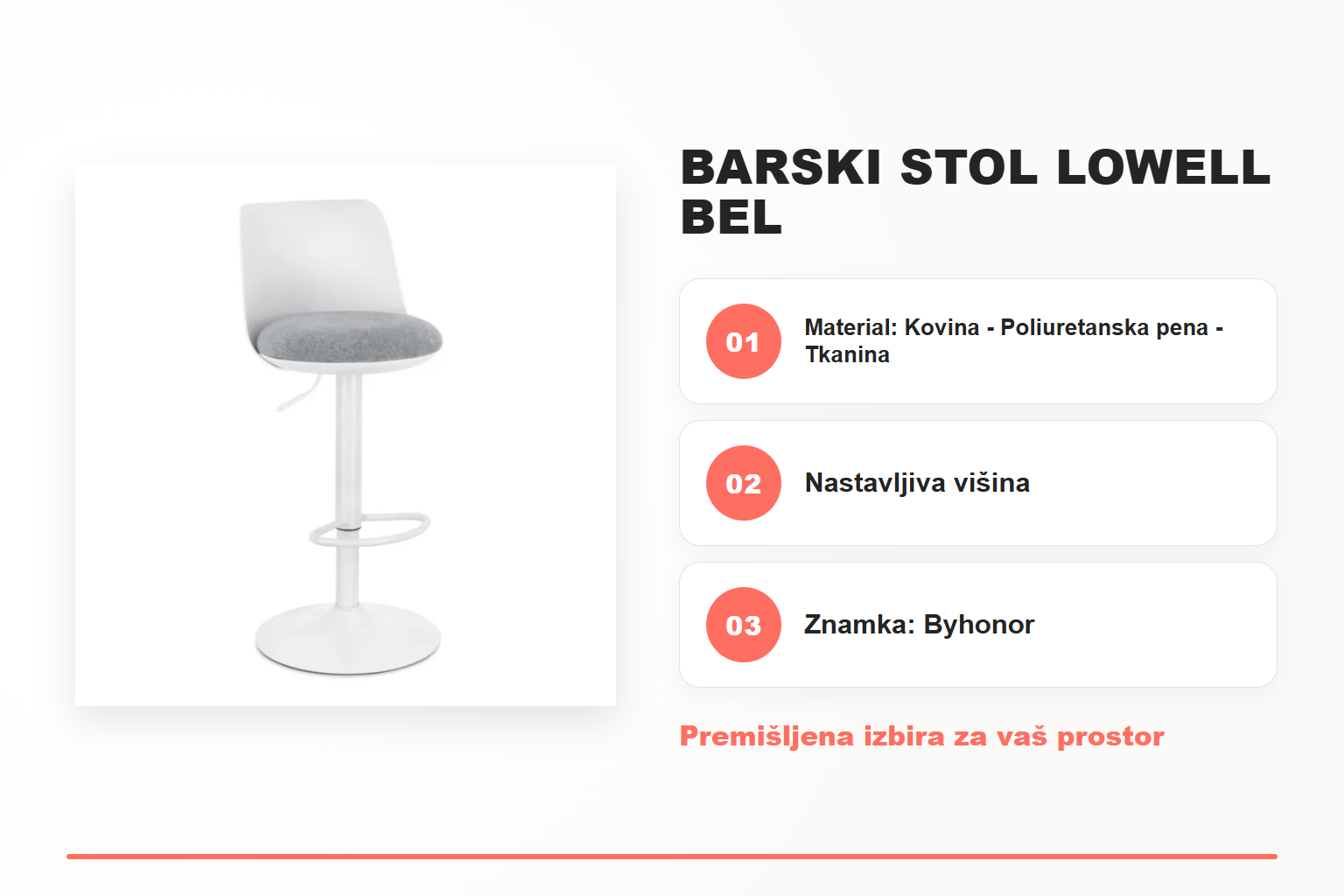 Barski stol LOWELL bel – pregled ključnih lastnosti