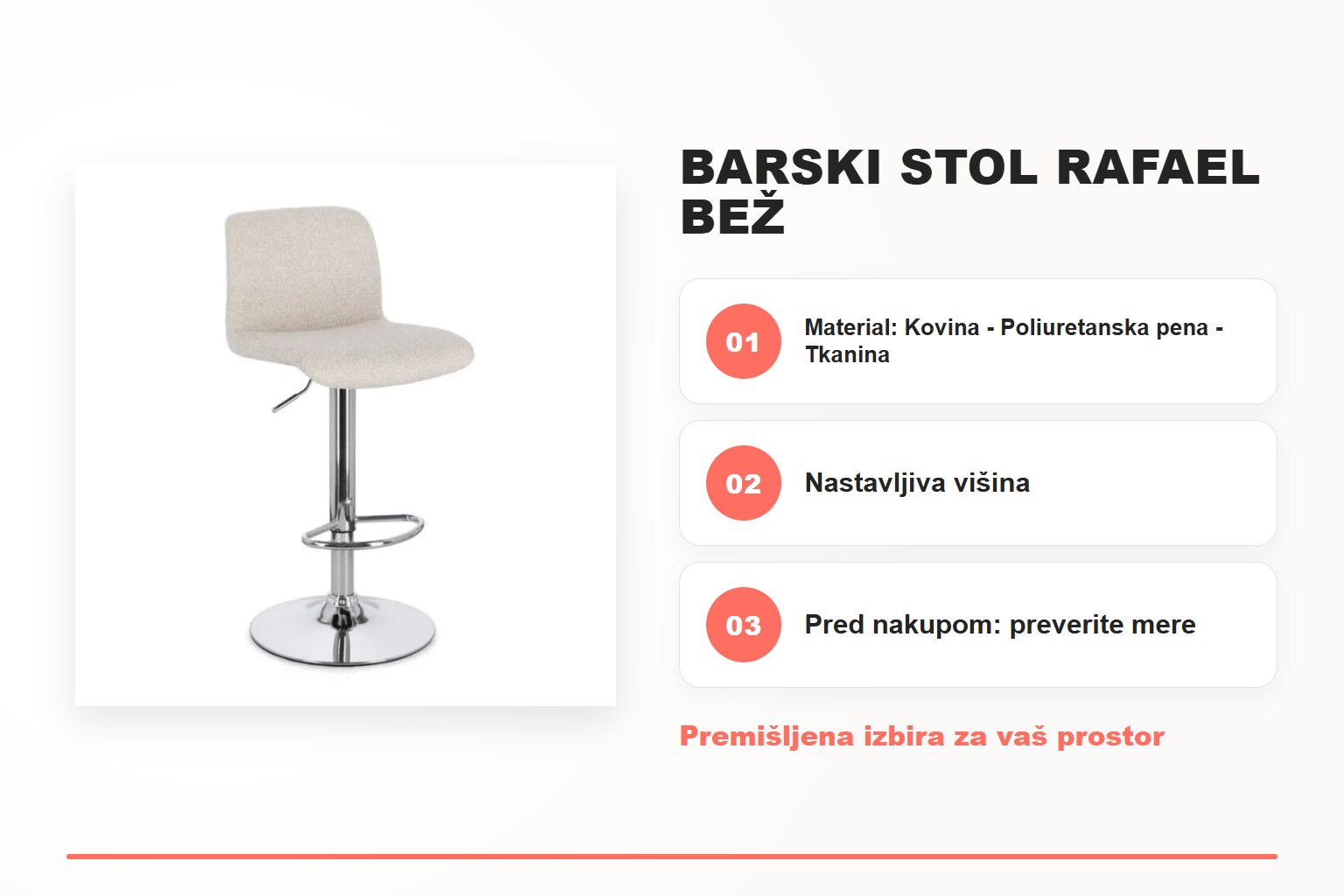 Barski stol RAFAEL bež – pregled ključnih lastnosti
