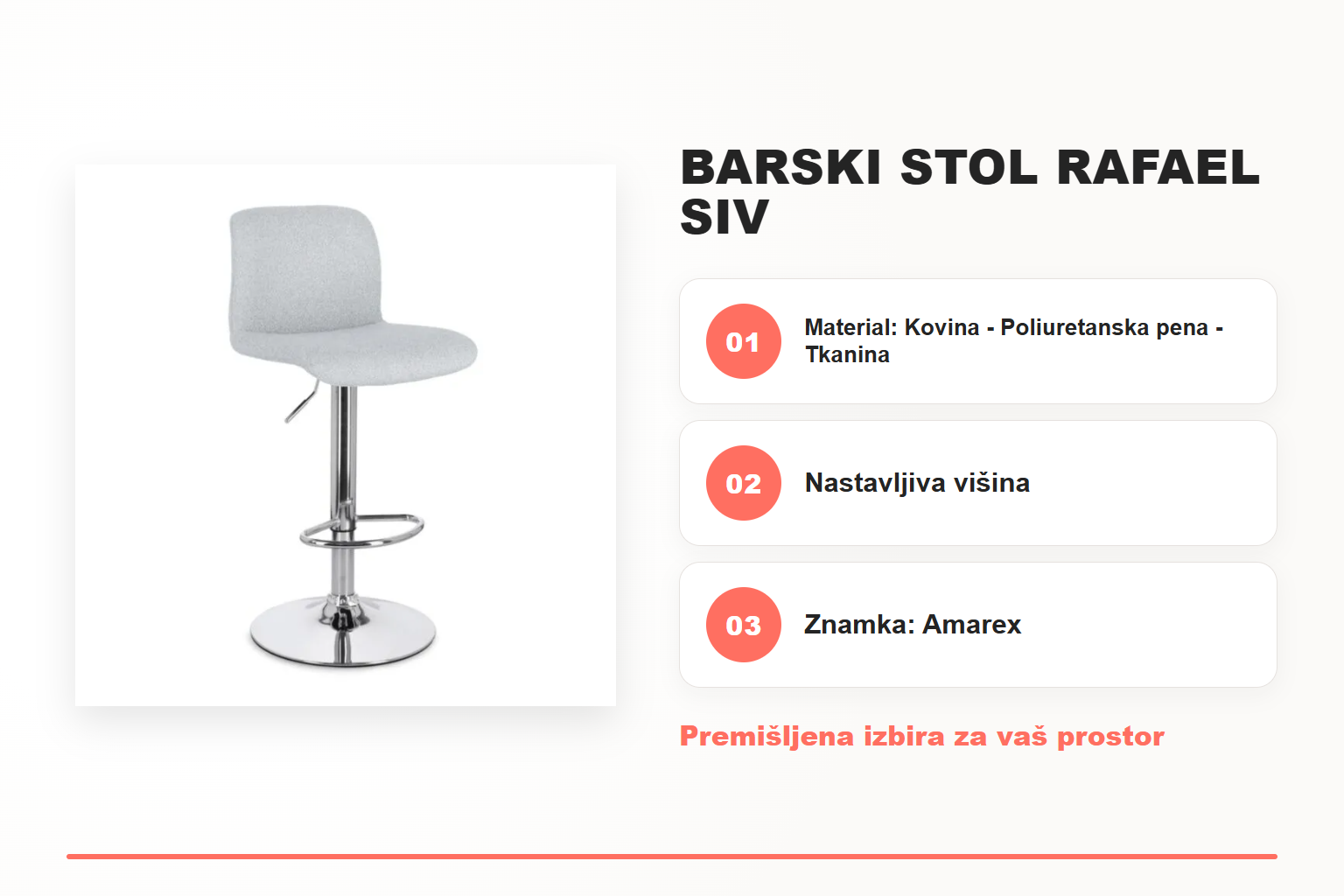 Barski stol RAFAEL siv – pregled ključnih lastnosti