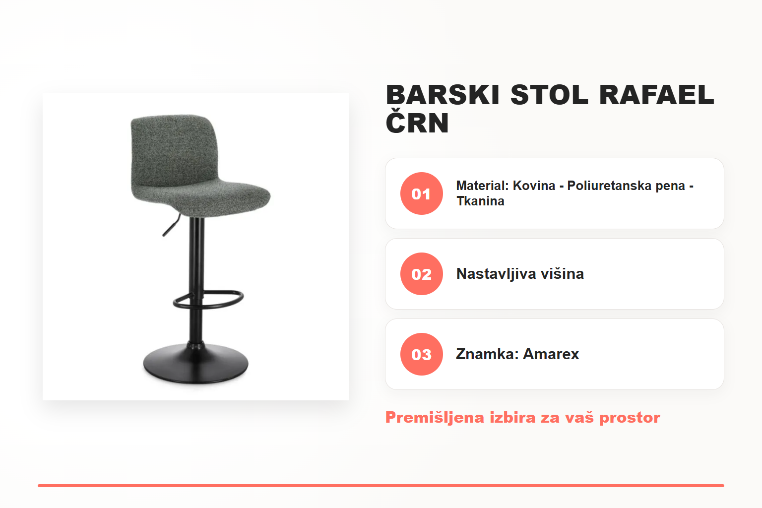 Barski stol RAFAEL črn – pregled ključnih lastnosti
