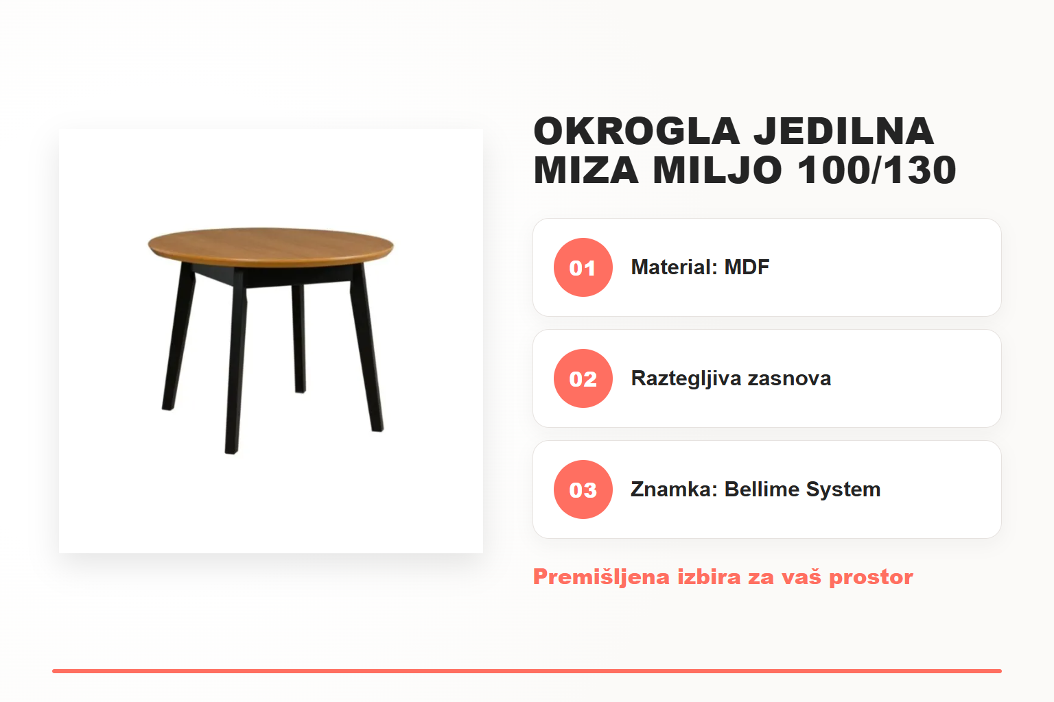 Okrogla jedilna miza MILJO 100/130 – pregled ključnih lastnosti