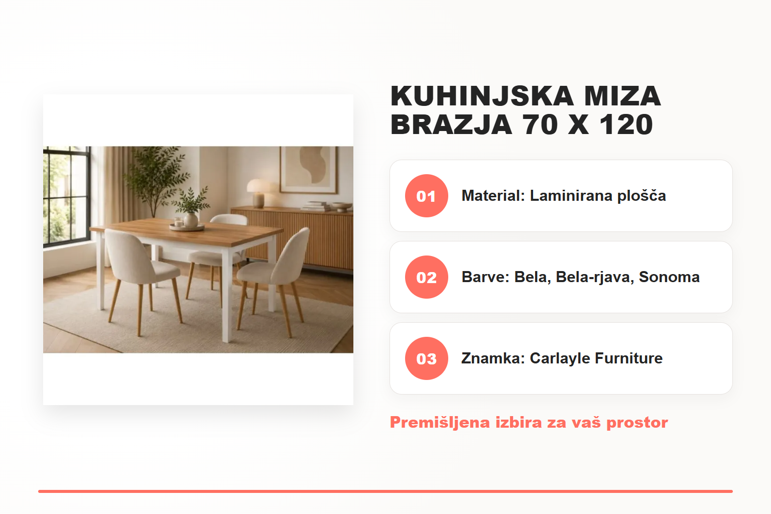 Kuhinjska miza BRAZJA 70 x 120 – pregled ključnih lastnosti