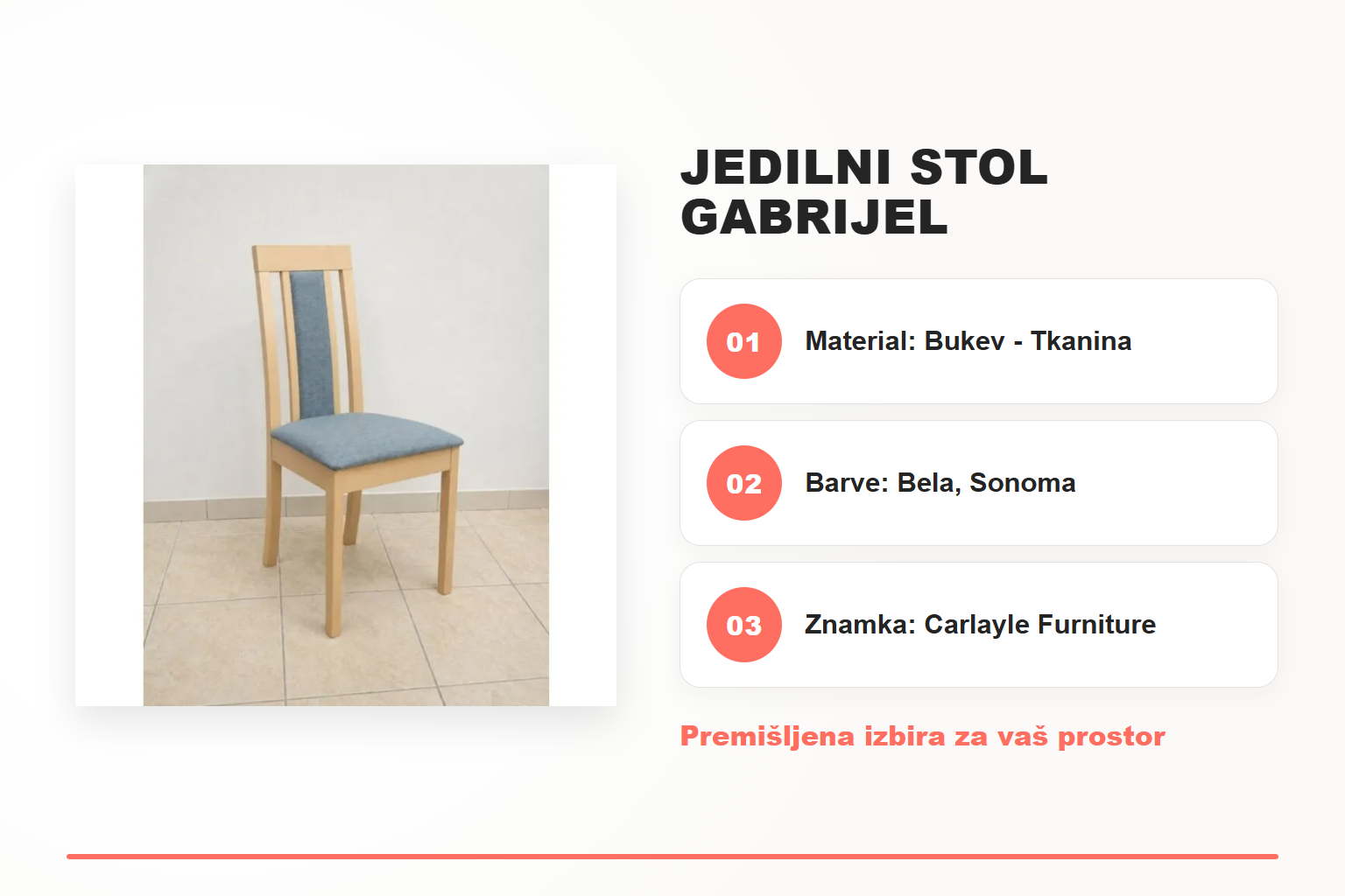 Jedilni stol GABRIJEL – pregled ključnih lastnosti