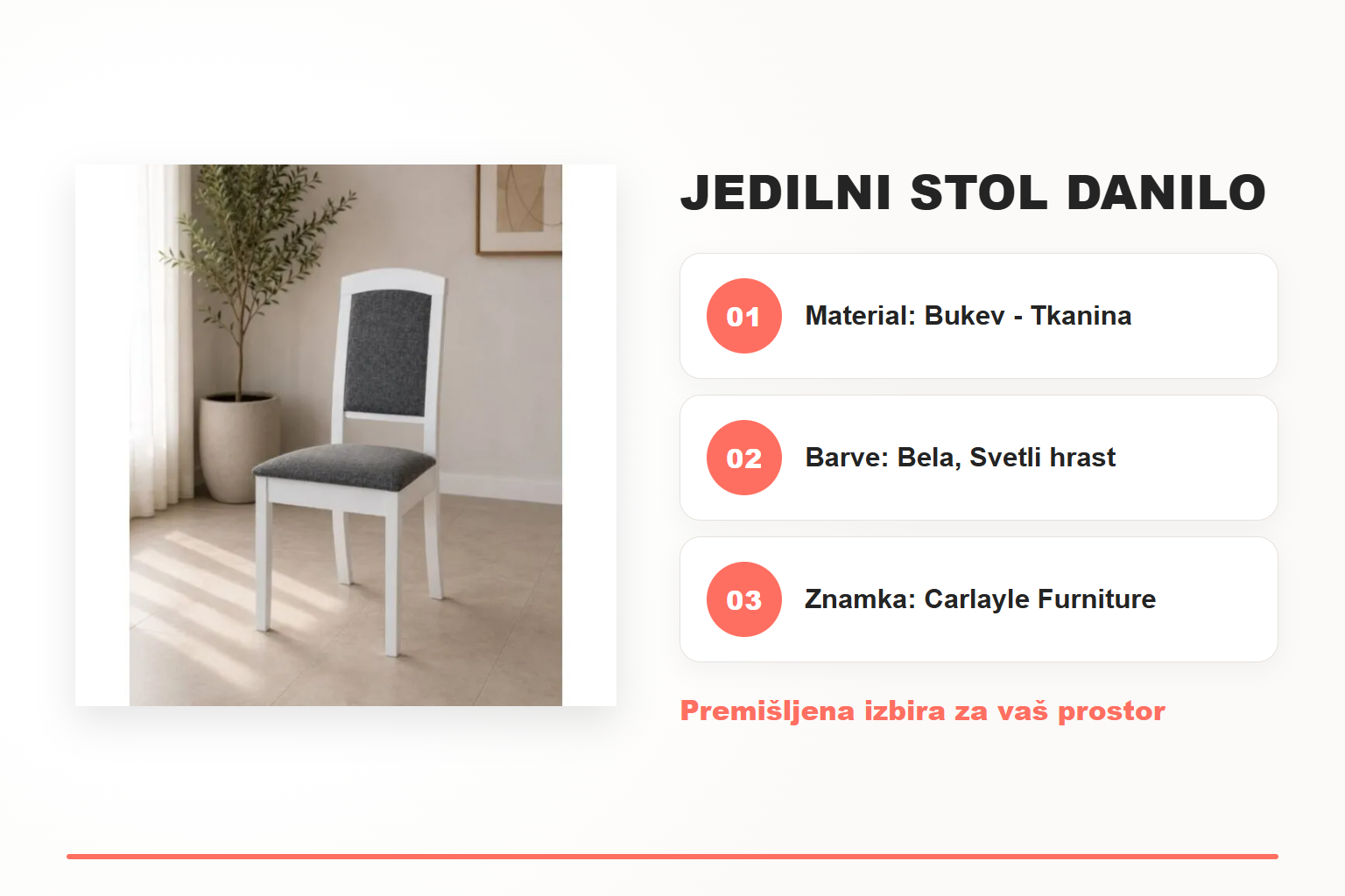 Jedilni stol DANILO – pregled ključnih lastnosti