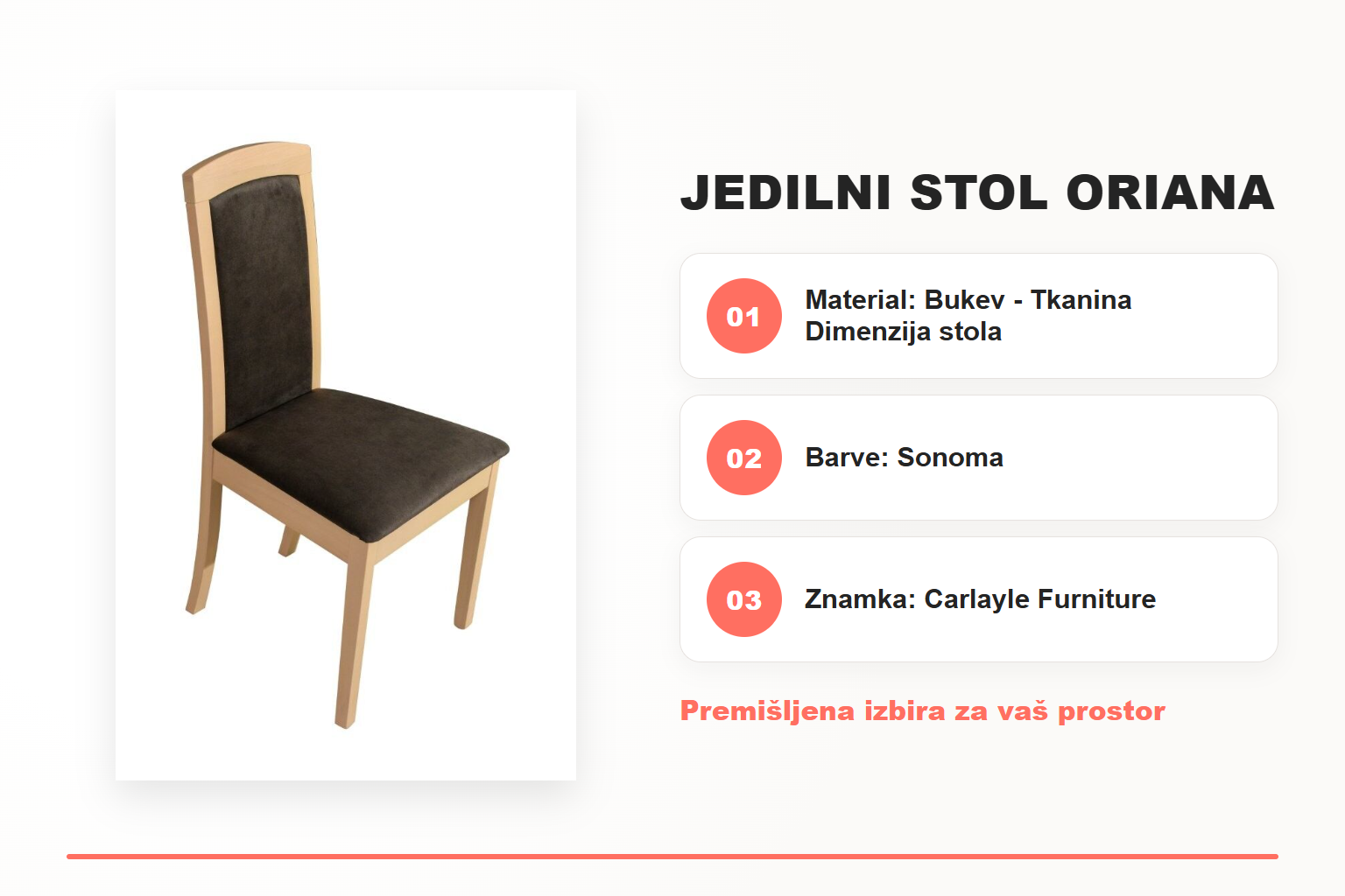 Jedilni stol ORIANA – pregled ključnih lastnosti