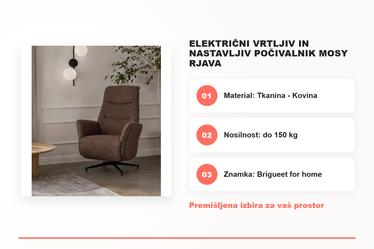 Električni vrtljiv in nastavljiv počivalnik MOSY rjava – pregled ključnih lastnosti