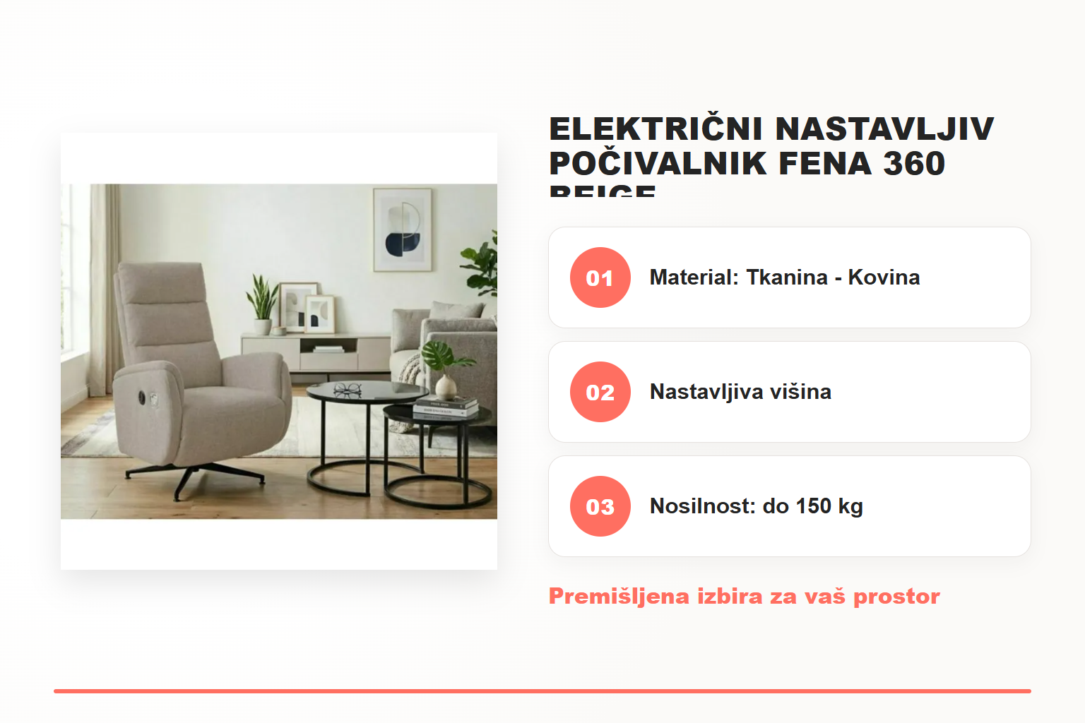 Električni nastavljiv počivalnik FENA 360 beige – pregled ključnih lastnosti