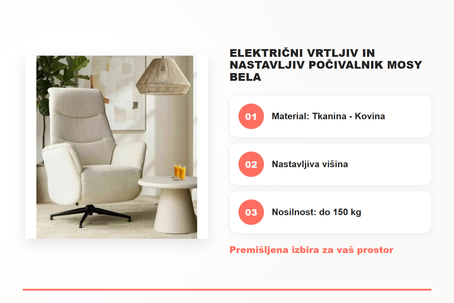 Električni vrtljiv in nastavljiv počivalnik MOSY bela – pregled ključnih lastnosti