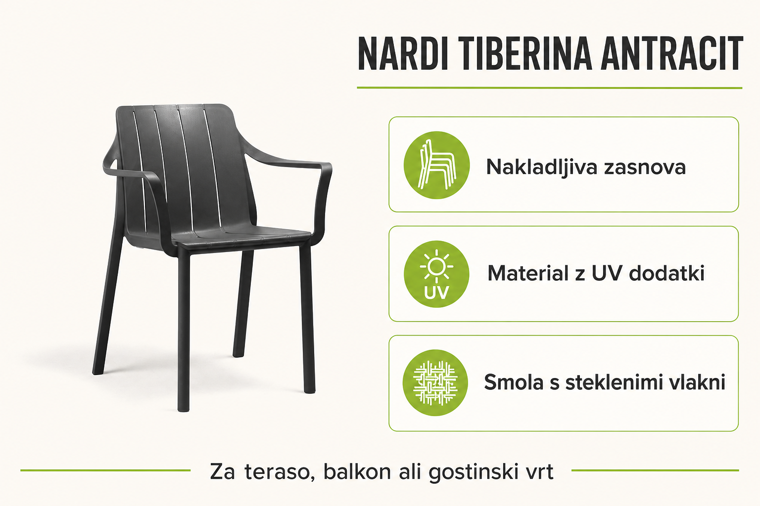Infografika izdelka Vrtni stol TIBERINA Antracit: nakladljiva zasnova, material z uv dodatki in smola s steklenimi vlakni.