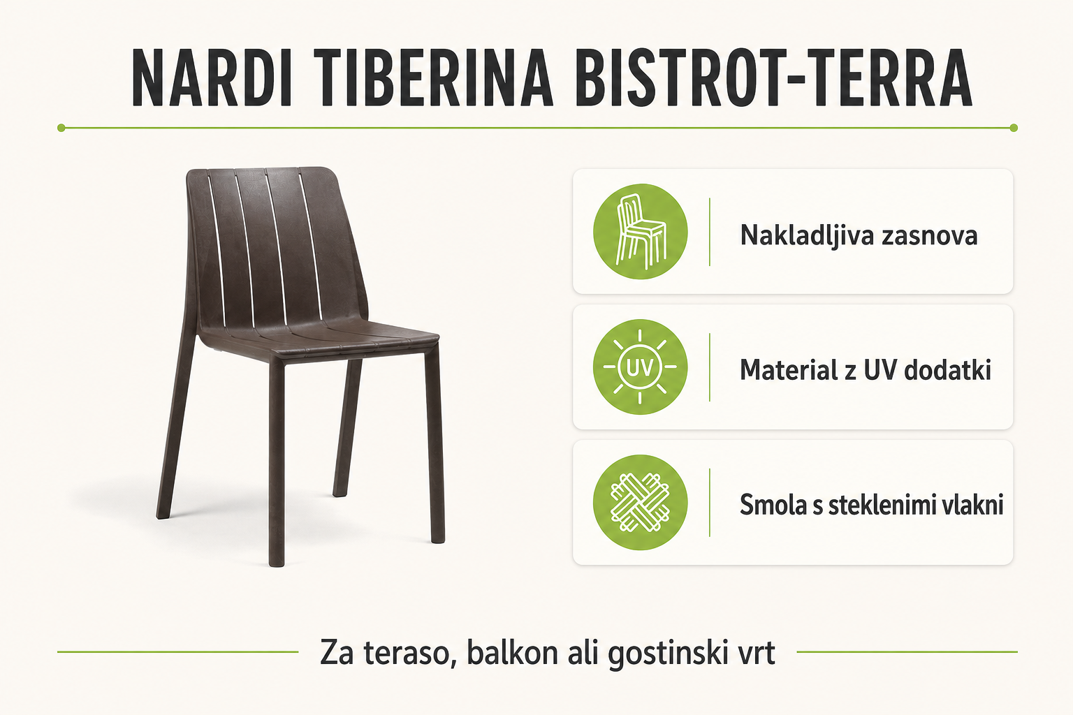 Infografika izdelka TIBERINA BISTROT-Terra - Nardi: nakladljiva zasnova, material z uv dodatki in smola s steklenimi vlakni.