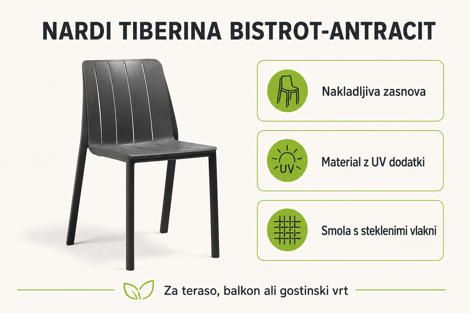 Infografika izdelka TIBERINA BISTROT-Antracit: nakladljiva zasnova, material z uv dodatki in smola s steklenimi vlakni.