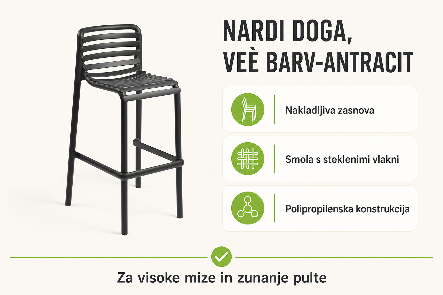 Infografika izdelka Vrtni barski stol DOGA, več barv-Antracit: nakladljiva zasnova, smola s steklenimi vlakni in polipropilenska konstrukcija.