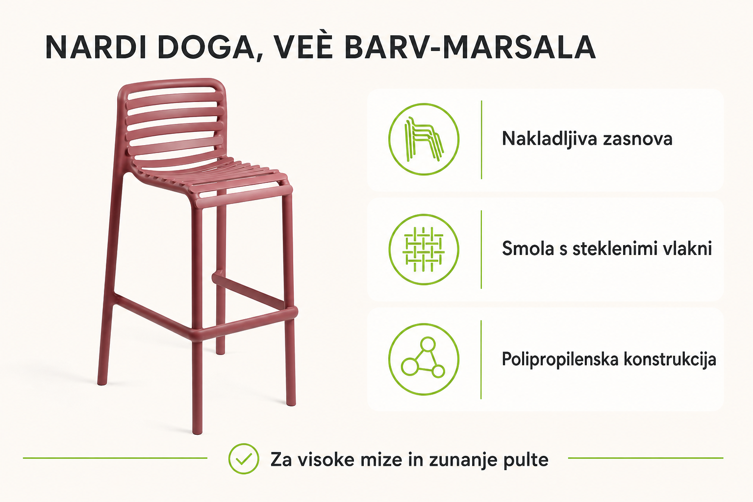 Infografika izdelka Vrtni barski stol DOGA, več barv-Marsala - Nardi: nakladljiva zasnova, smola s steklenimi vlakni in polipropilenska konstrukcija.