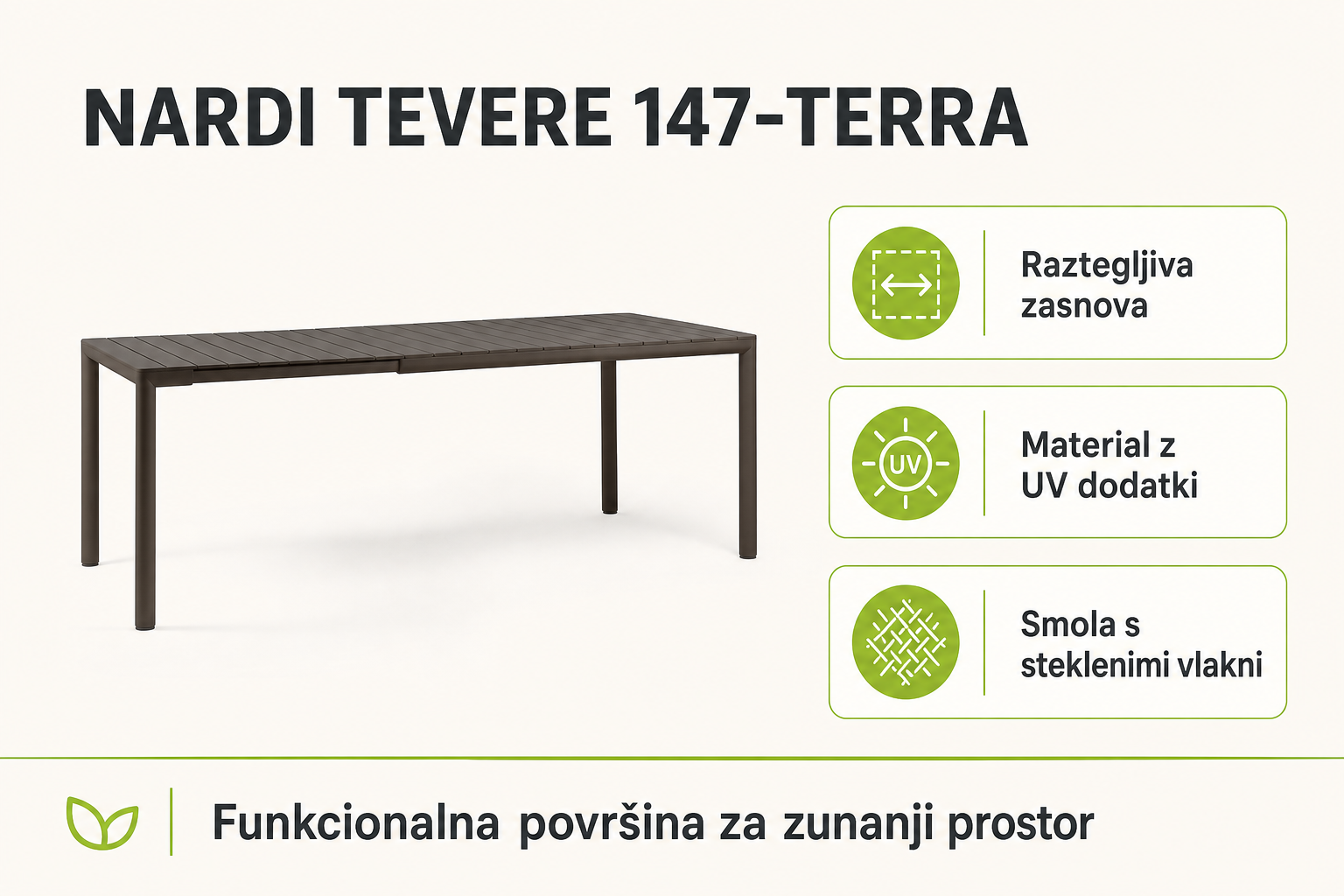 Infografika izdelka TEVERE 147-Terra - Nardi: raztegljiva zasnova, material z uv dodatki in smola s steklenimi vlakni.