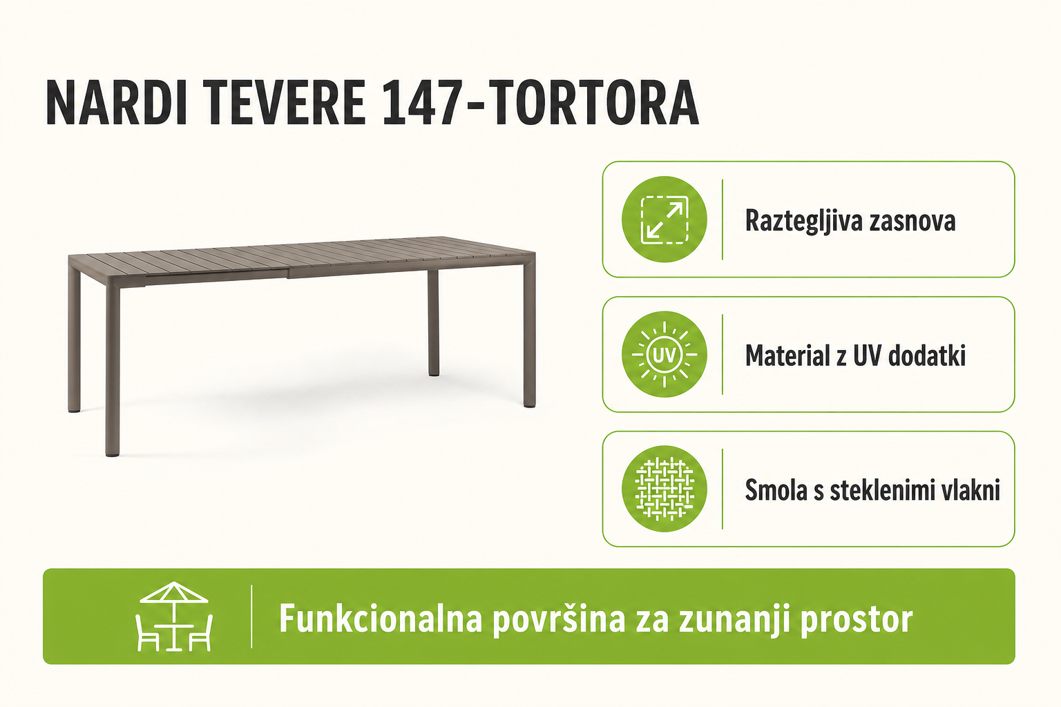 Infografika izdelka TEVERE 147-Tortora-Nardi: raztegljiva zasnova, material z uv dodatki in smola s steklenimi vlakni.