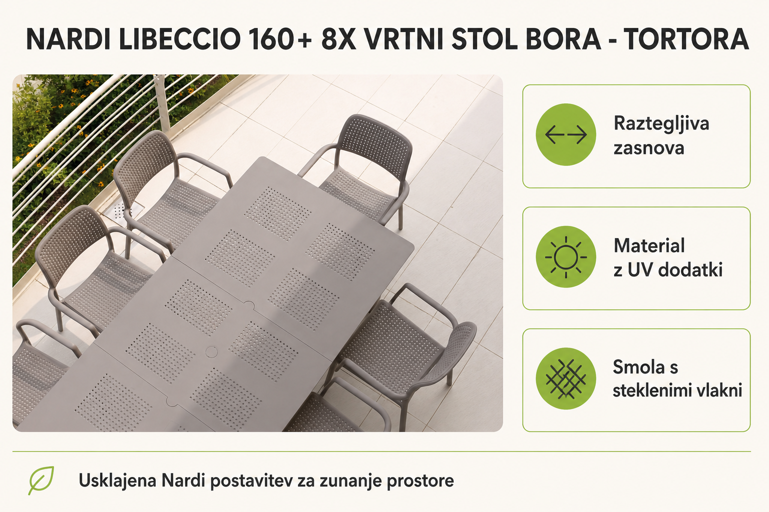 Infografika izdelka Vrtna garnitura LIBECCIO 160+ 8X Vrtni stol BORA - tortora: raztegljiva zasnova, material z uv dodatki in smola s steklenimi vlakni.