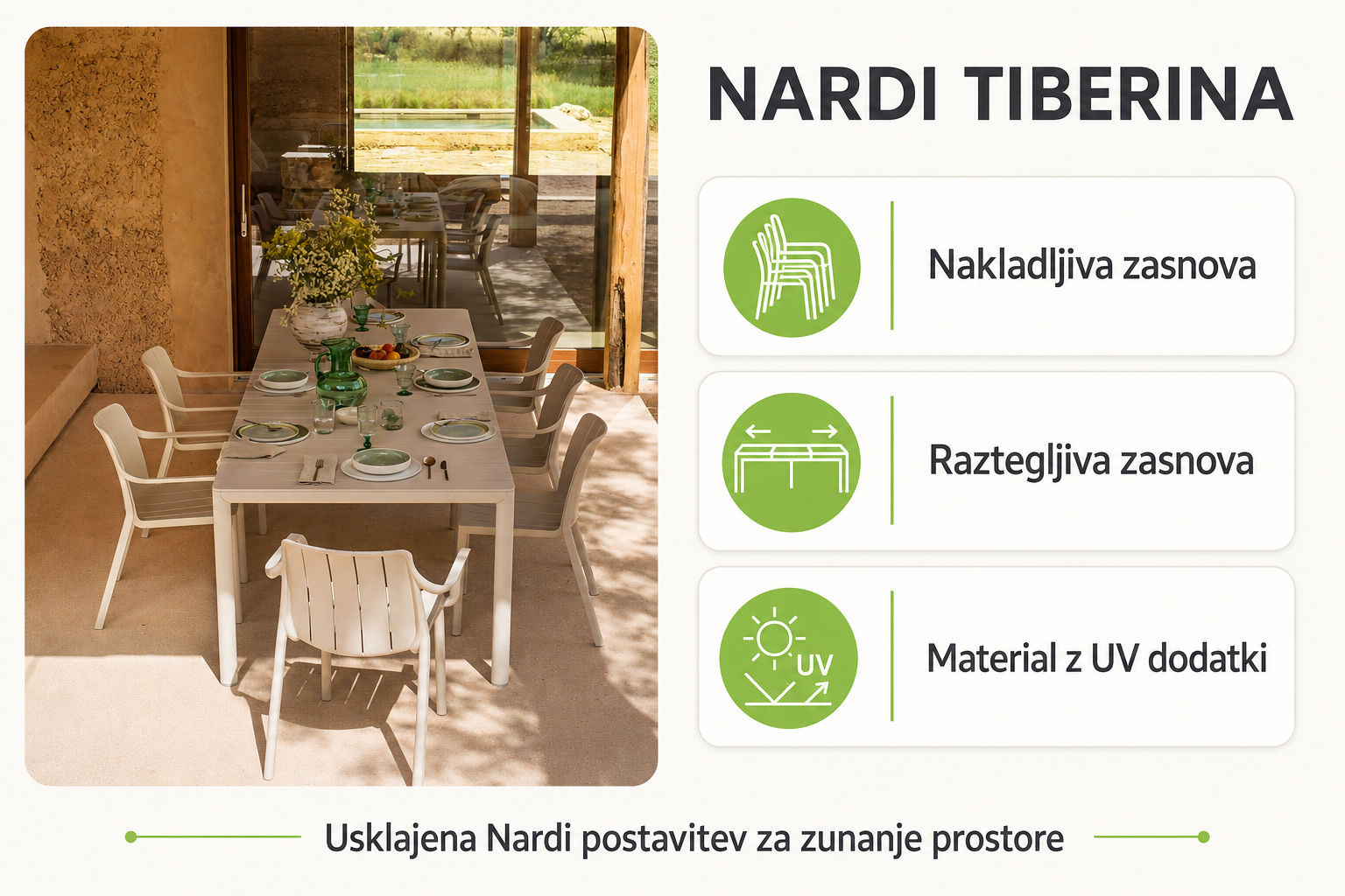 Infografika izdelka Vrtna garnitura TEVERE 147+ 6X Vrtni stol TIBERINA: nakladljiva zasnova, raztegljiva zasnova in material z uv dodatki.