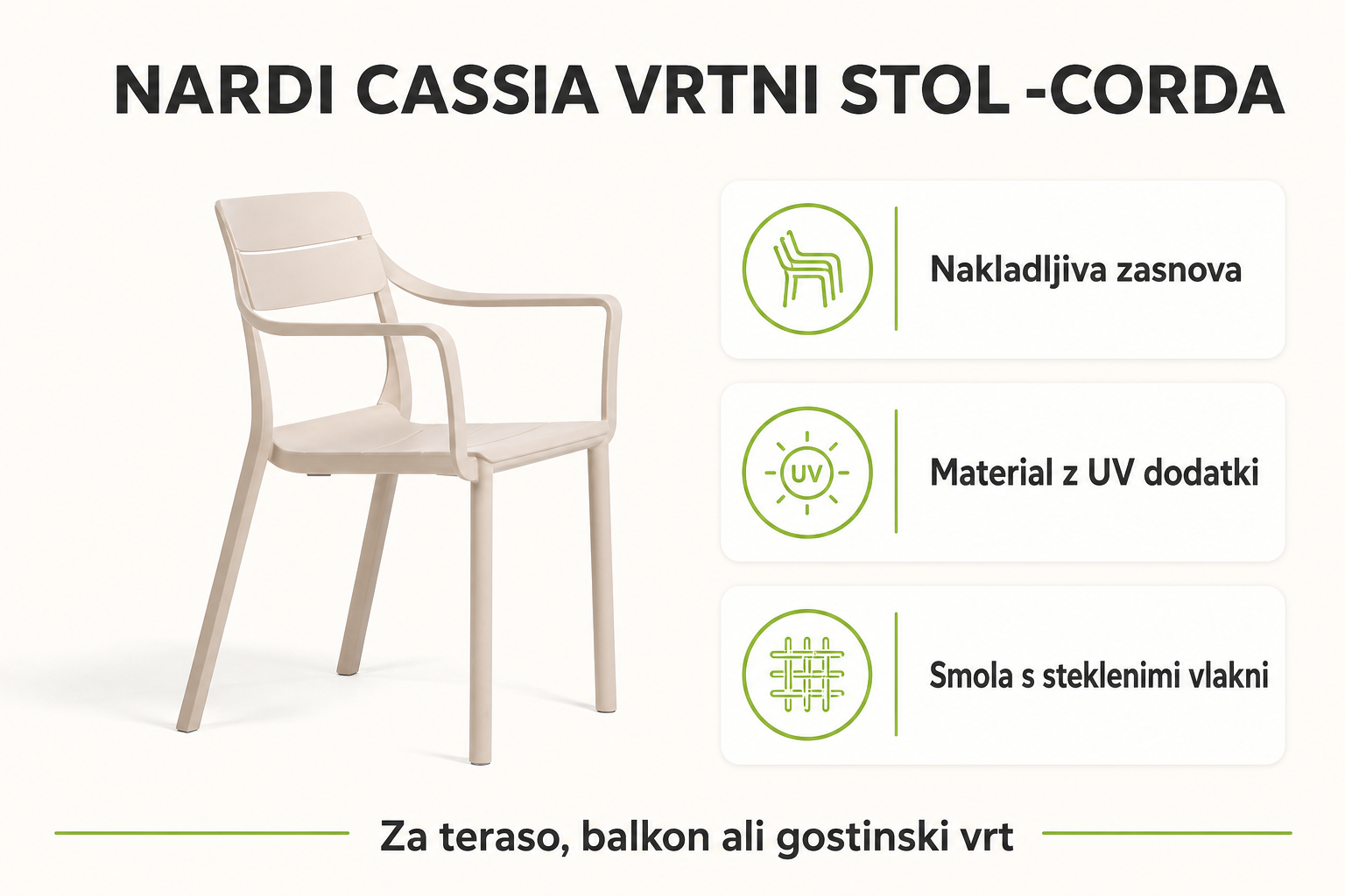 Infografika izdelka CASSIA vrtni stol -Corda -Nardi: nakladljiva zasnova, material z uv dodatki in smola s steklenimi vlakni.