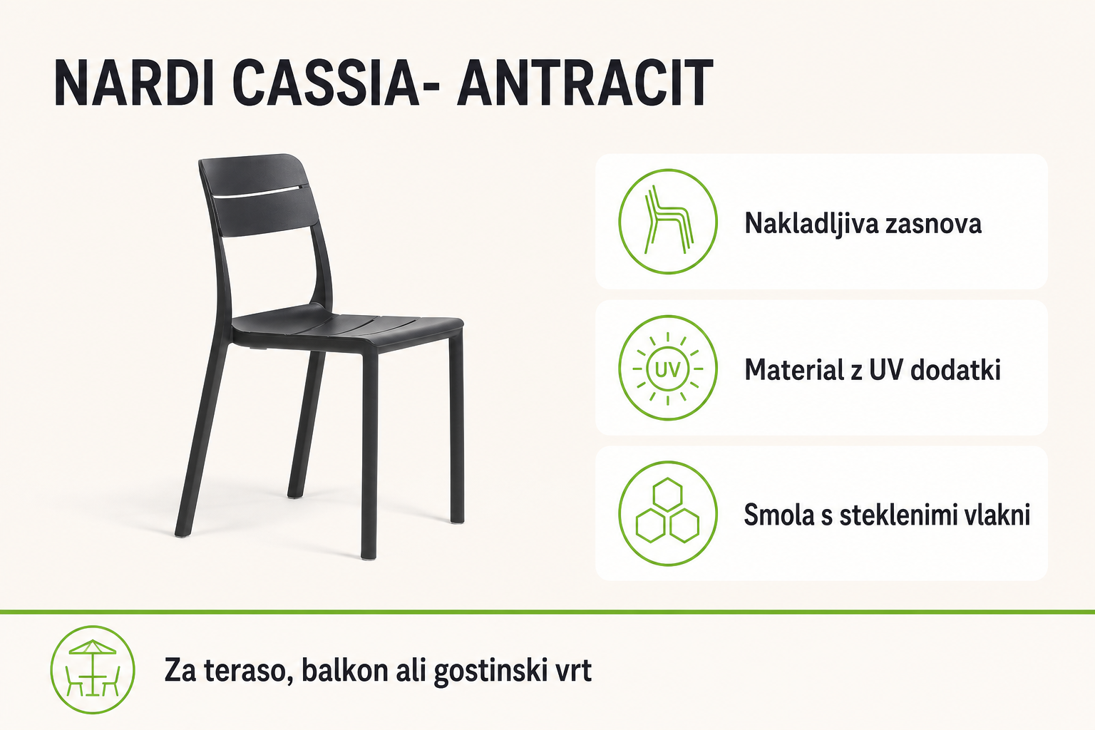 Infografika izdelka Vrtni stol CASSIA- Antracit: nakladljiva zasnova, material z uv dodatki in smola s steklenimi vlakni.