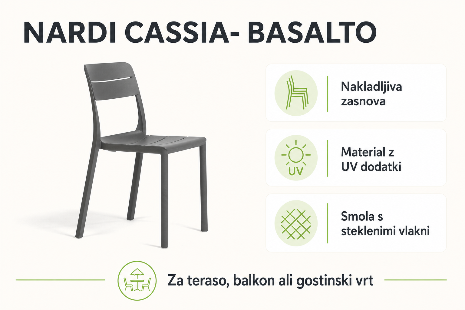 Infografika izdelka Vrtni stol CASSIA- Basalto: nakladljiva zasnova, material z uv dodatki in smola s steklenimi vlakni.