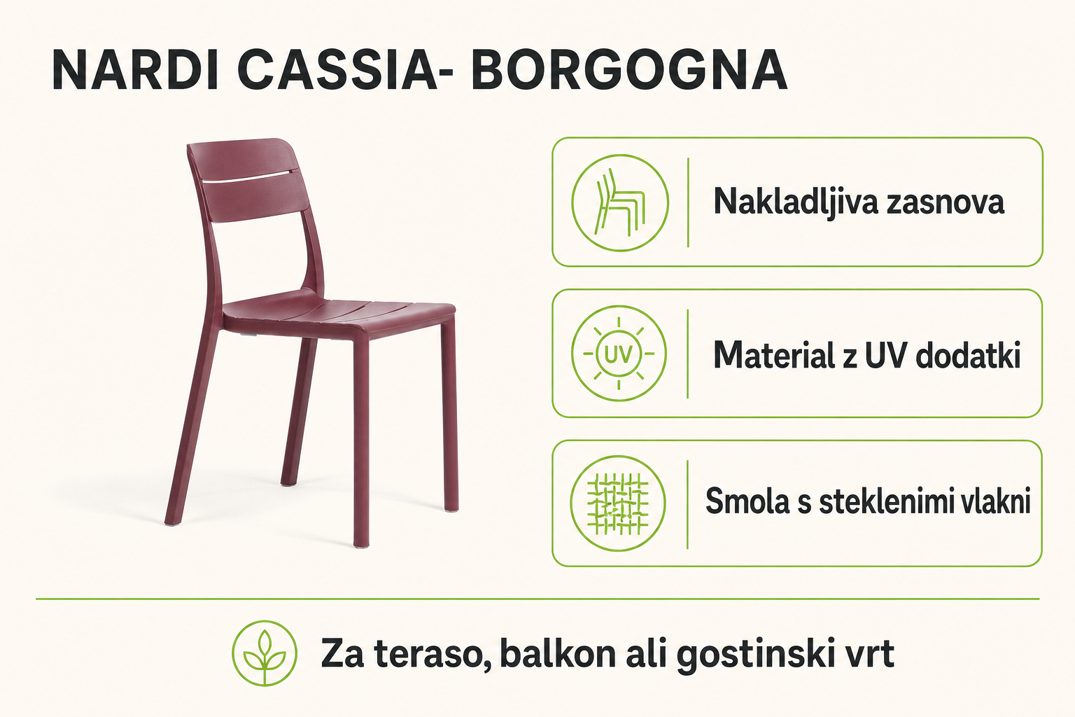Infografika izdelka Vrtni stol CASSIA- Borgogna: nakladljiva zasnova, material z uv dodatki in smola s steklenimi vlakni.