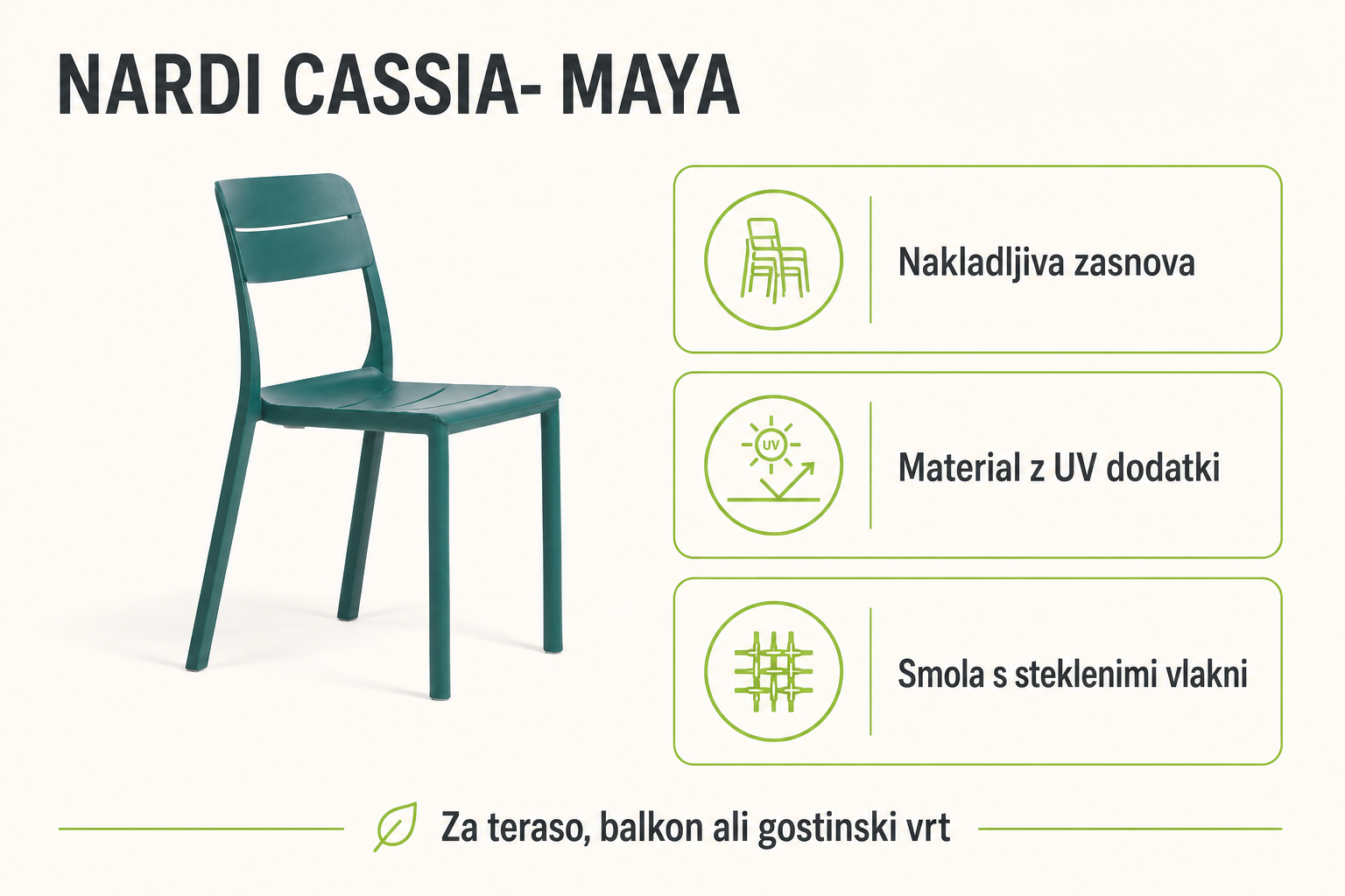 Infografika izdelka Vrtni stol CASSIA- Maya: nakladljiva zasnova, material z uv dodatki in smola s steklenimi vlakni.