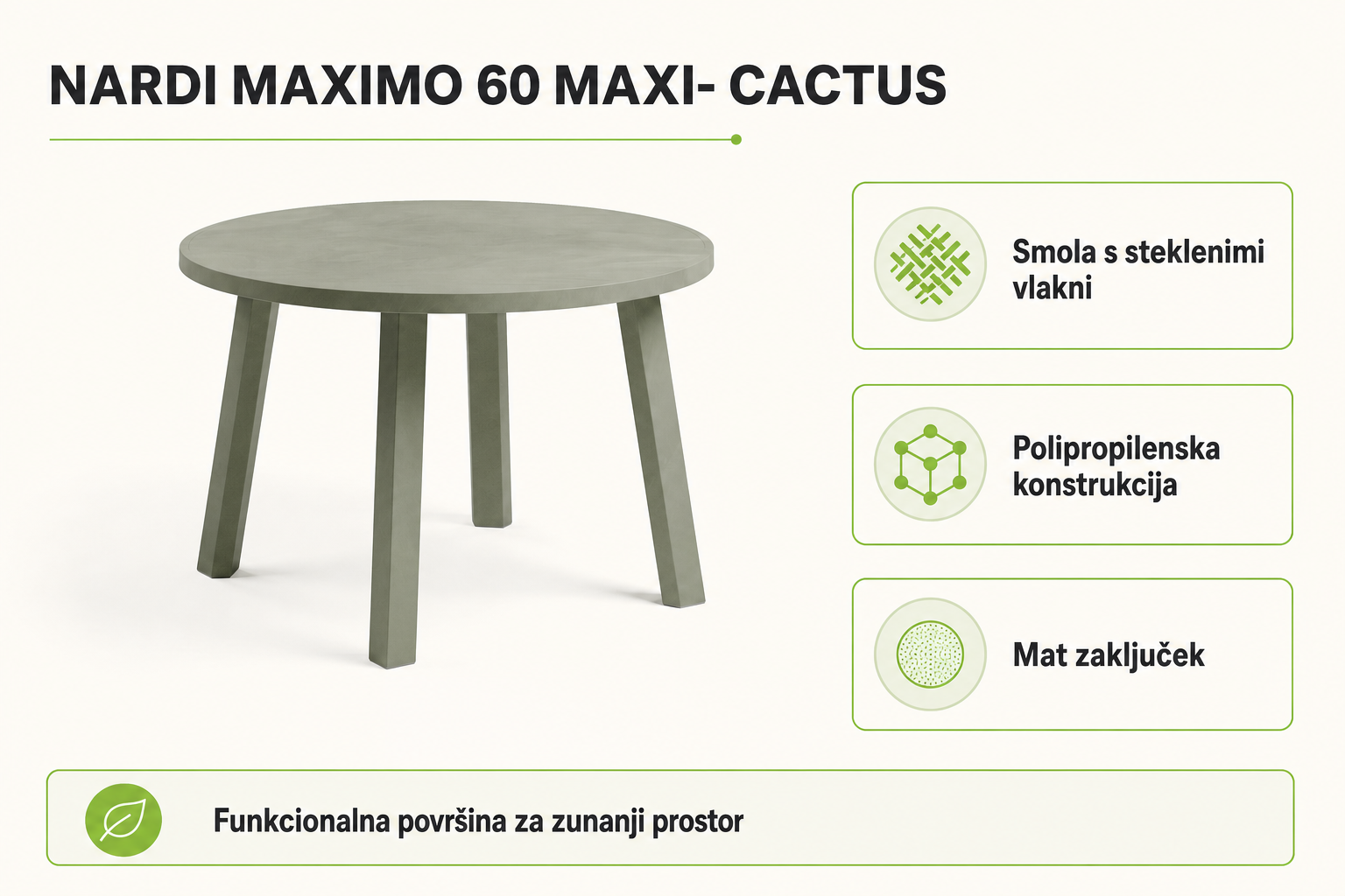Infografika izdelka Vrtna mizica MAXIMO 60 MAXI- Cactus - Nardi: smola s steklenimi vlakni, polipropilenska konstrukcija in mat zaključek.