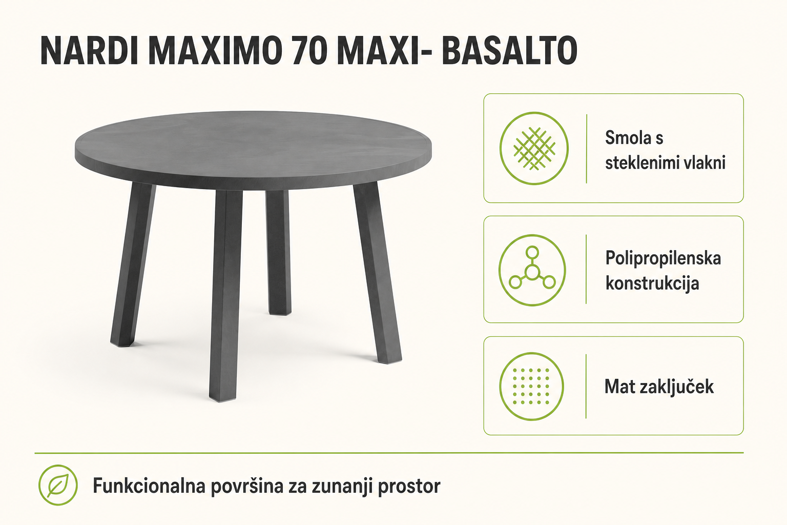 Infografika izdelka Vrtna mizica MAXIMO 70 MAXI- Basalto - Nardi: smola s steklenimi vlakni, polipropilenska konstrukcija in mat zaključek.