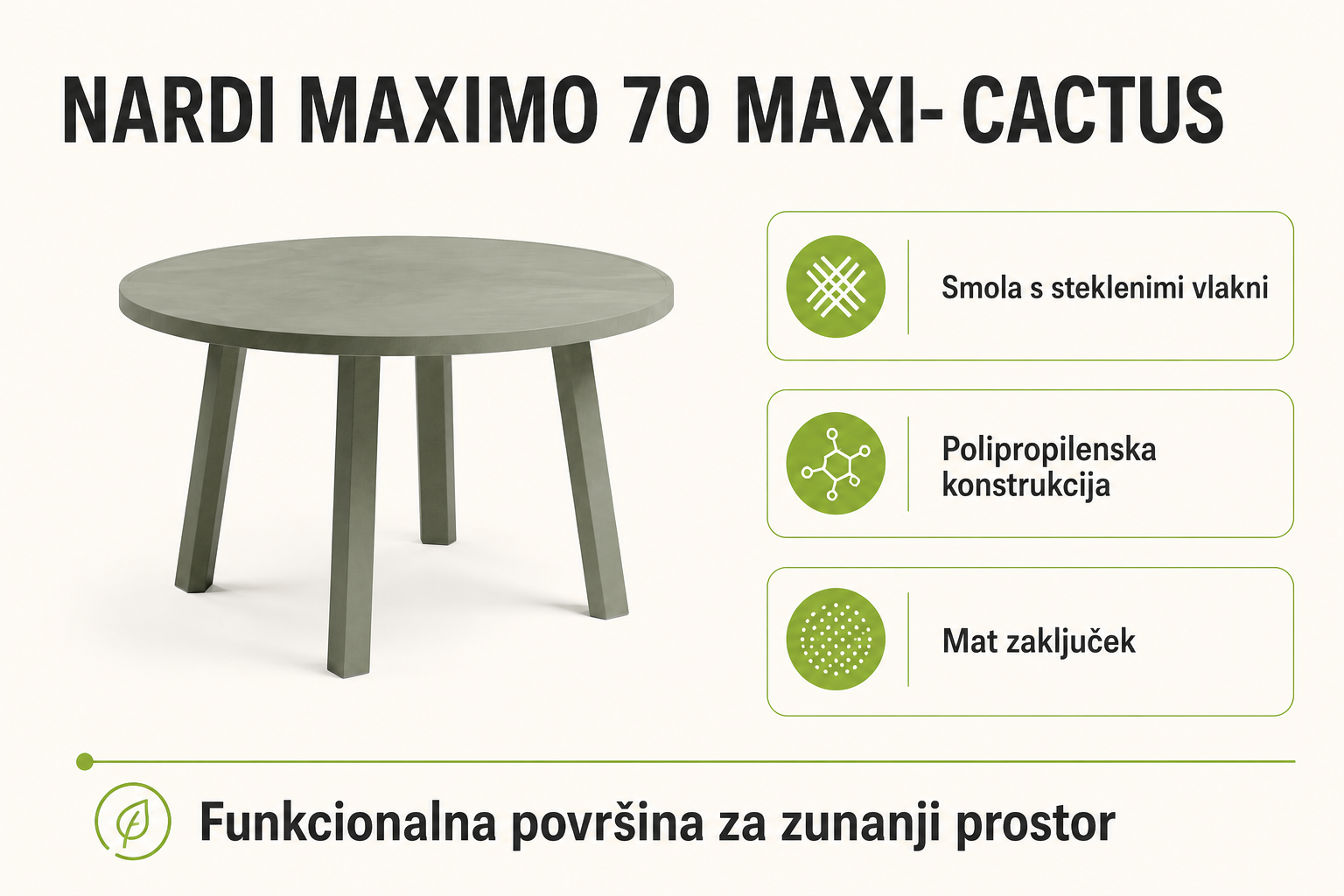 Infografika izdelka Vrtna mizica MAXIMO 70 MAXI- Cactus - Nardi: smola s steklenimi vlakni, polipropilenska konstrukcija in mat zaključek.