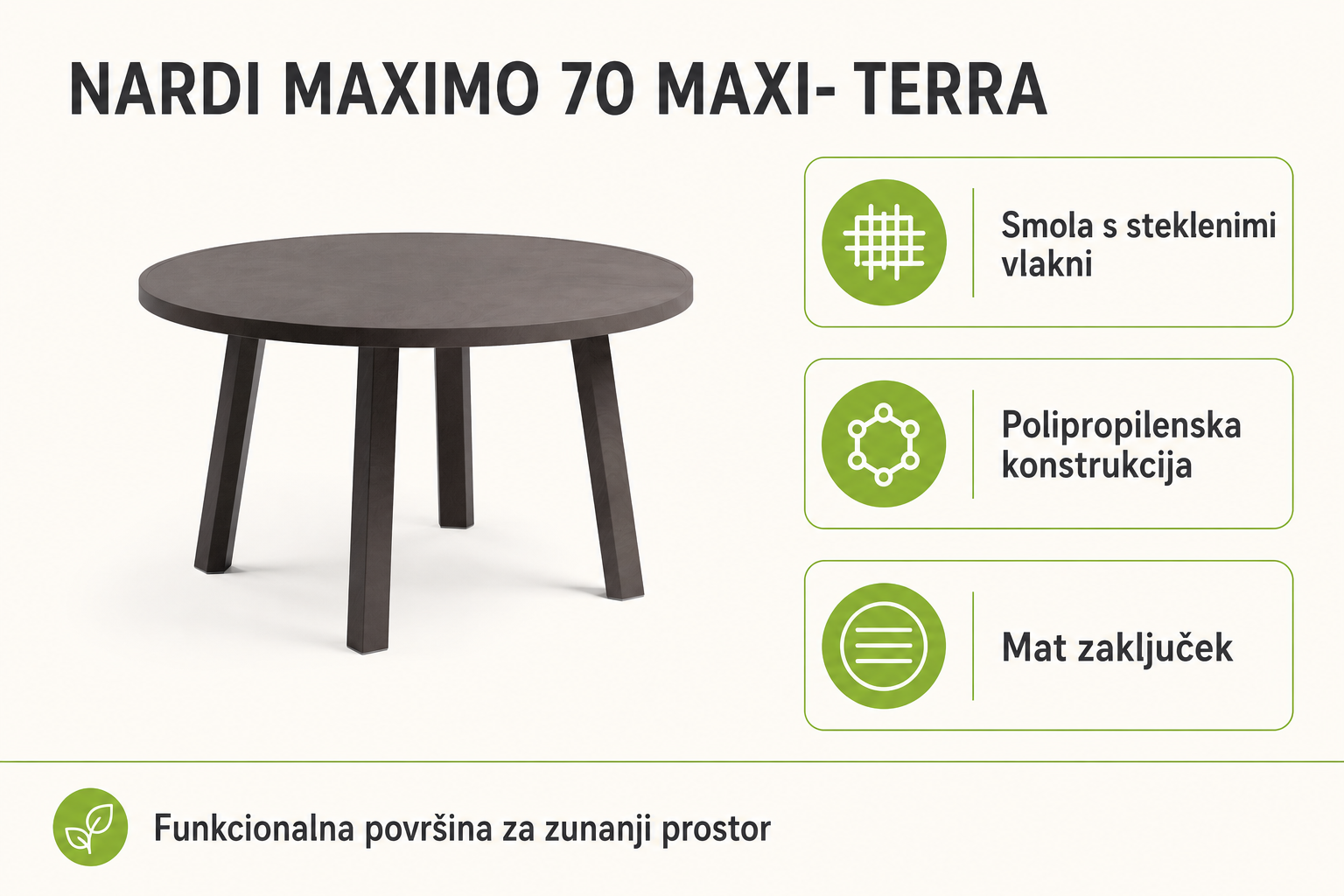 Infografika izdelka Vrtna mizica MAXIMO 70 MAXI- Terra - Nardi: smola s steklenimi vlakni, polipropilenska konstrukcija in mat zaključek.