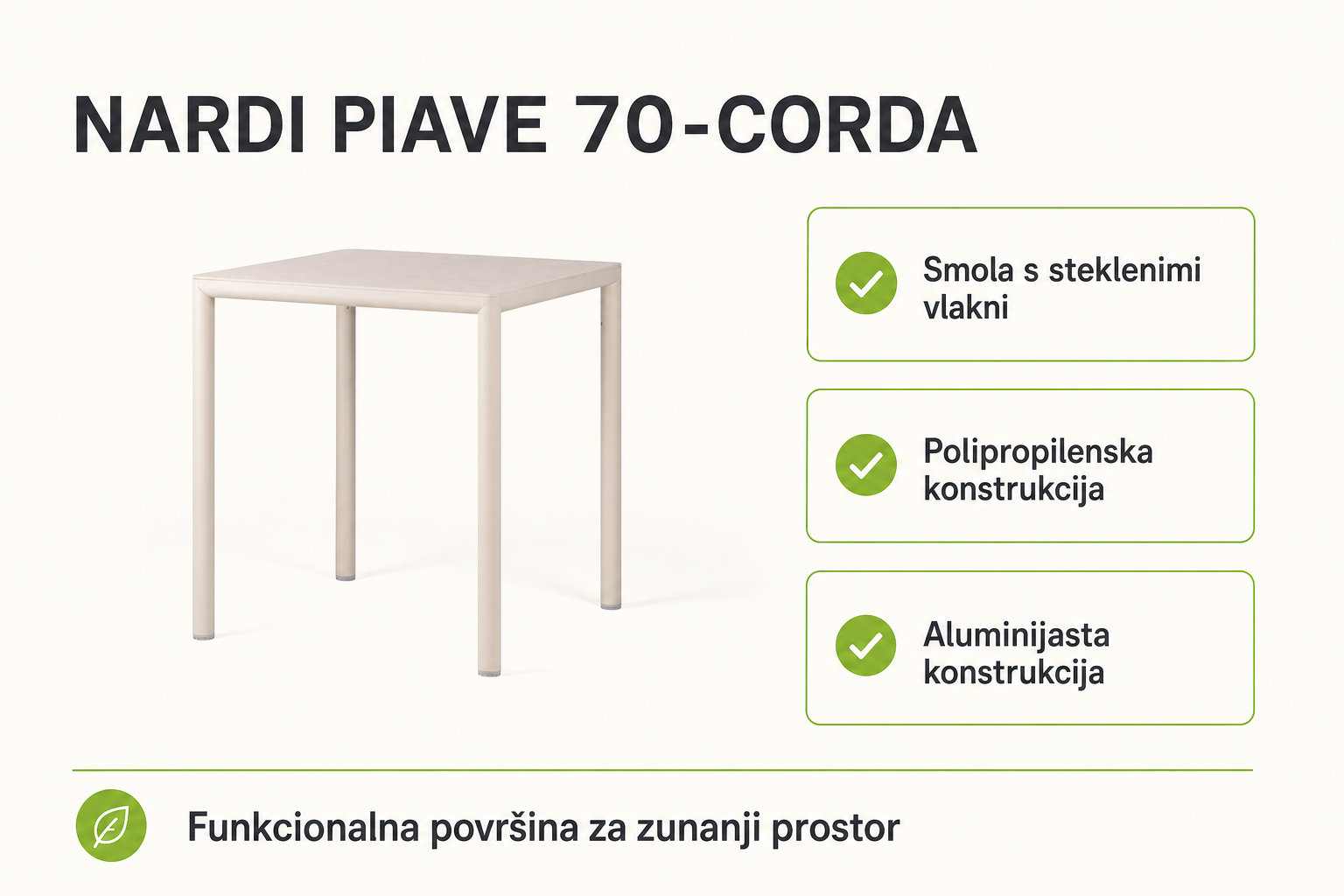 Infografika izdelka Vrtna miza PIAVE 70-Corda - Nardi: smola s steklenimi vlakni, polipropilenska konstrukcija in aluminijasta konstrukcija.