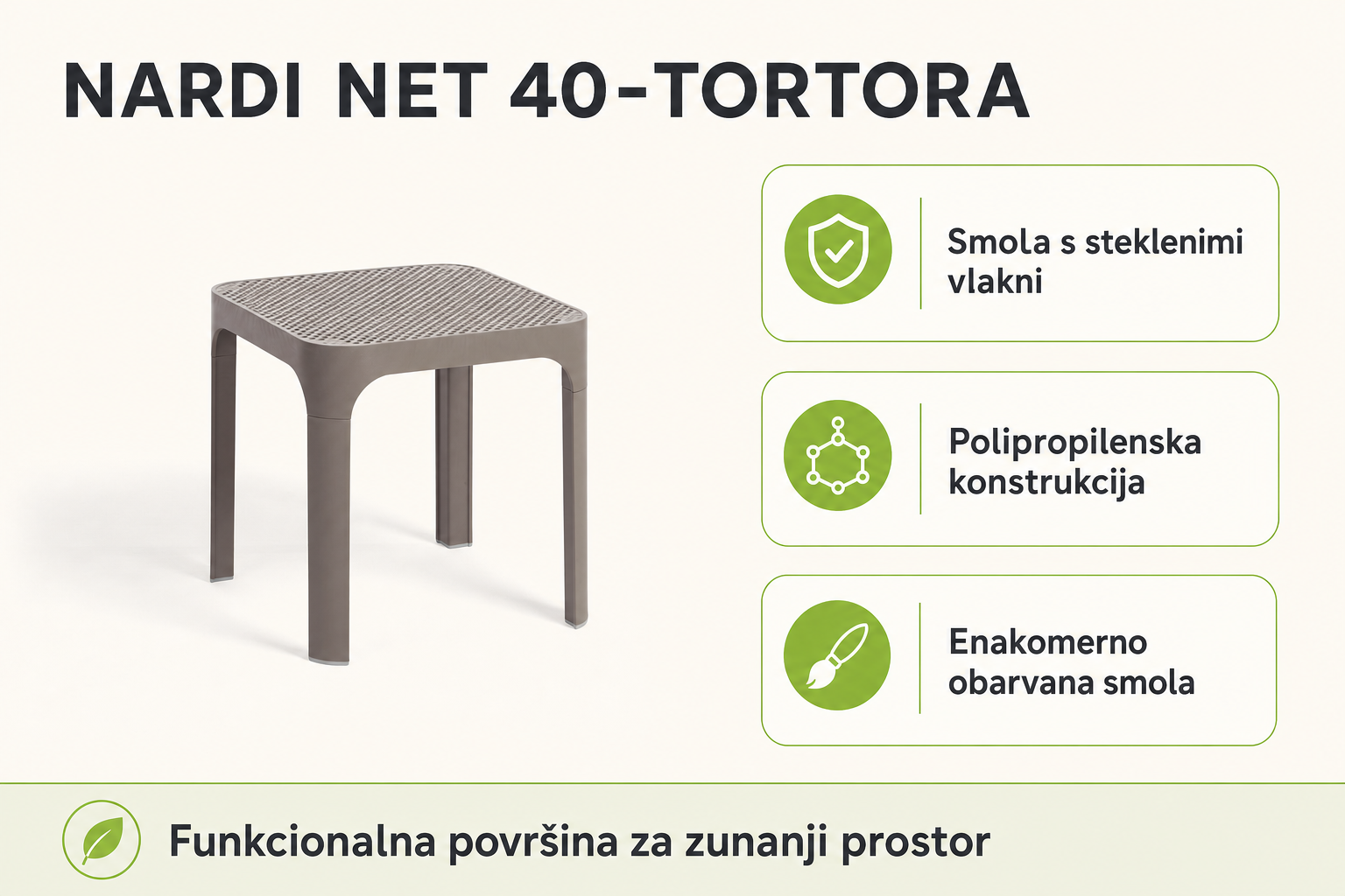 Infografika izdelka Vrtna mizica NET 40-Tortora-Nardi: smola s steklenimi vlakni, polipropilenska konstrukcija in enakomerno obarvana smola.