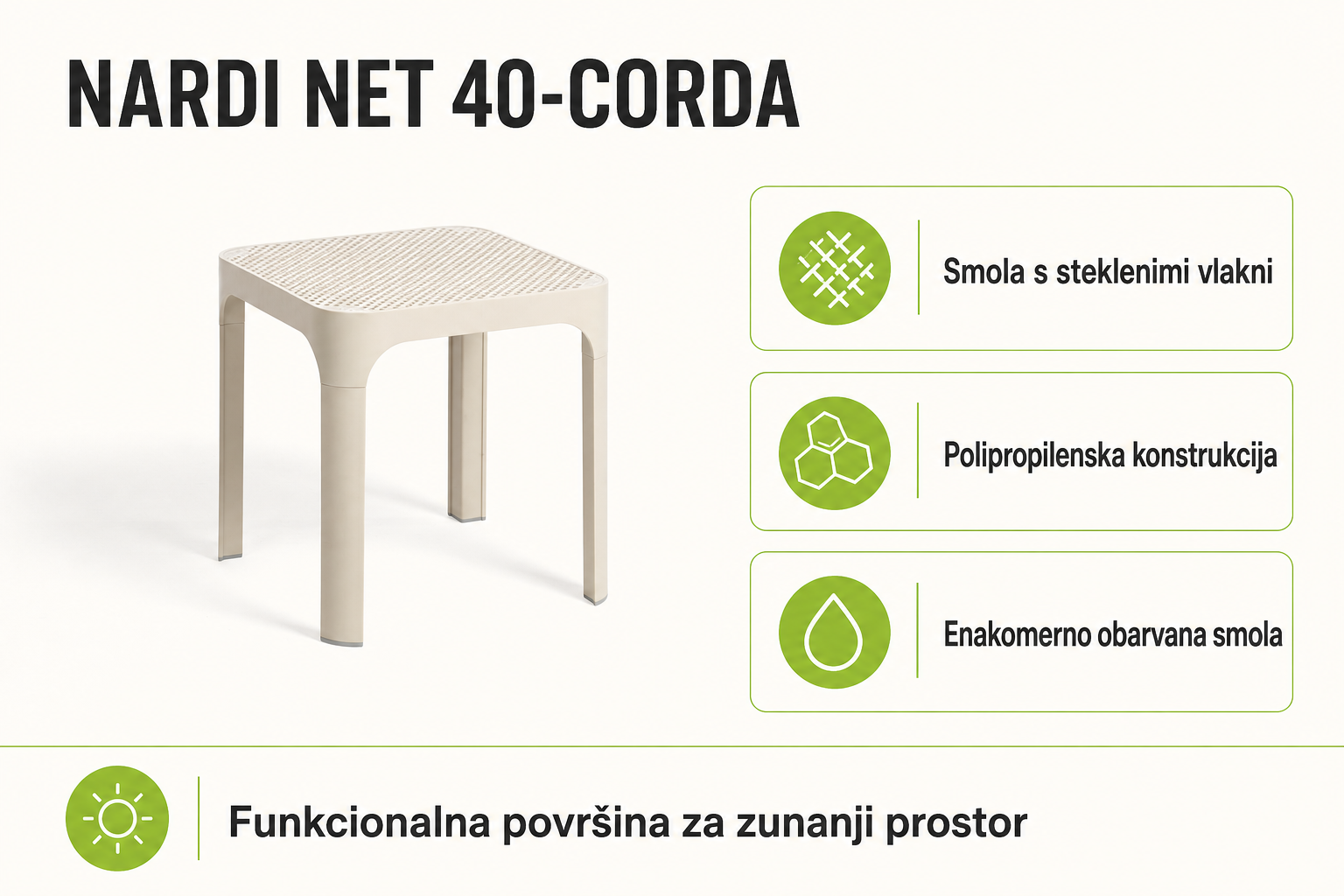 Infografika izdelka Vrtna mizica NET 40-Corda - Nardi: smola s steklenimi vlakni, polipropilenska konstrukcija in enakomerno obarvana smola.