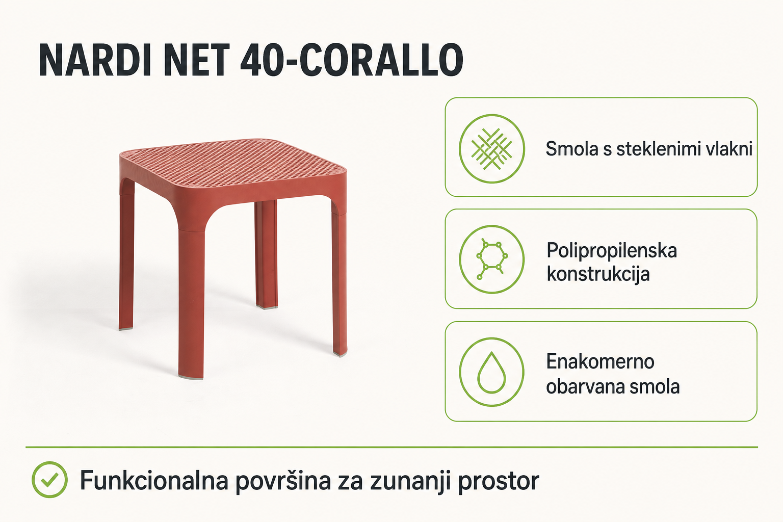 Infografika izdelka Vrtna mizica NET 40-Corallo - Nardi: smola s steklenimi vlakni, polipropilenska konstrukcija in enakomerno obarvana smola.