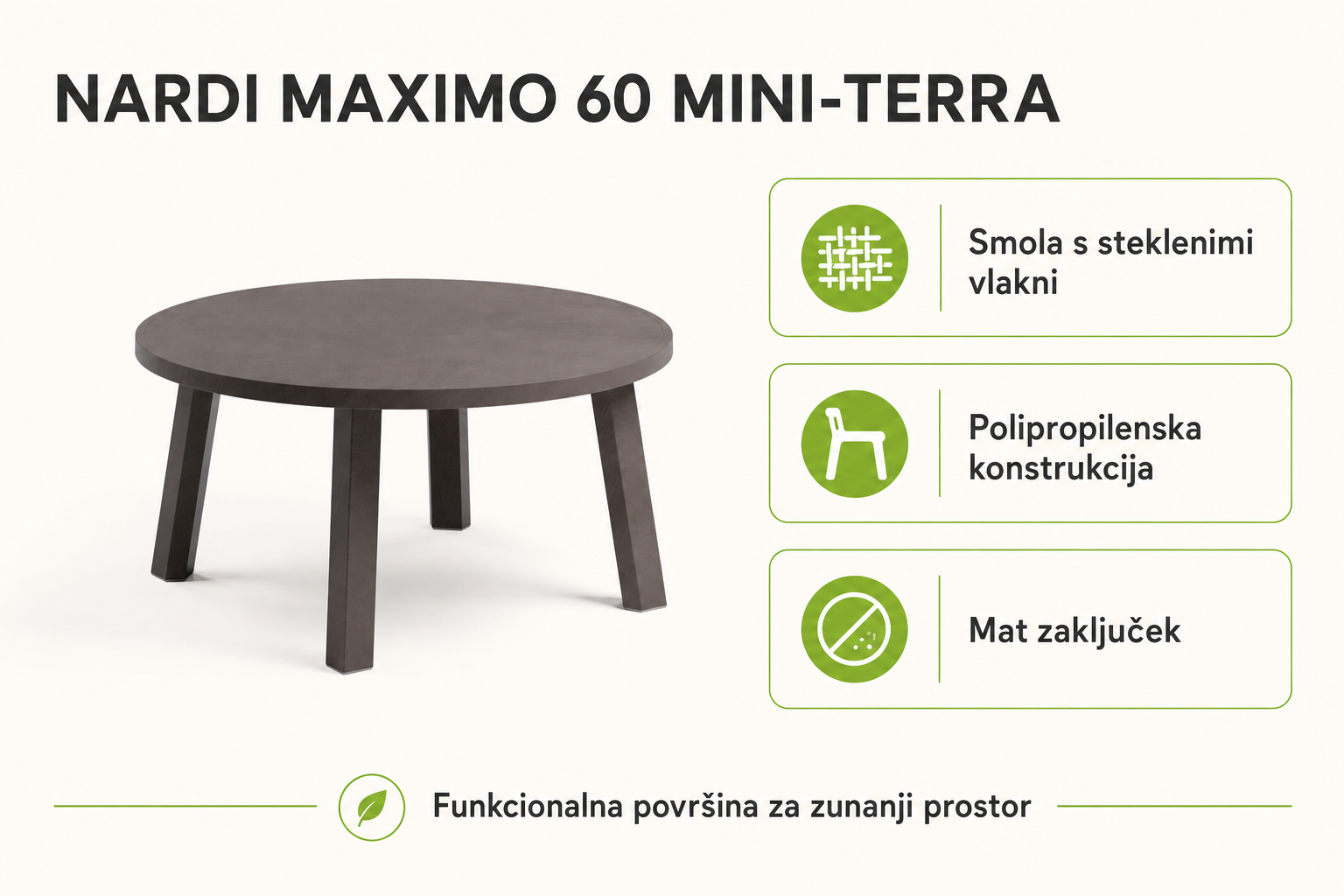 Infografika izdelka Vrtna mizica MAXIMO 60 MINI-Terra - Nardi: smola s steklenimi vlakni, polipropilenska konstrukcija in mat zaključek.