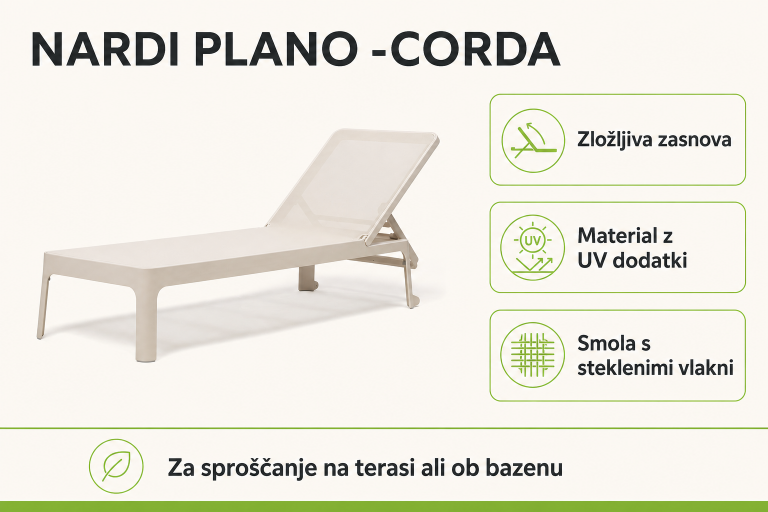 Infografika izdelka Ležalnik PLANO -Corda: zložljiva zasnova, material z uv dodatki in smola s steklenimi vlakni.