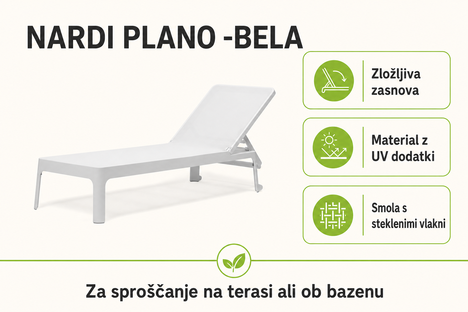 Infografika izdelka Ležalnik PLANO -Bela: zložljiva zasnova, material z uv dodatki in smola s steklenimi vlakni.