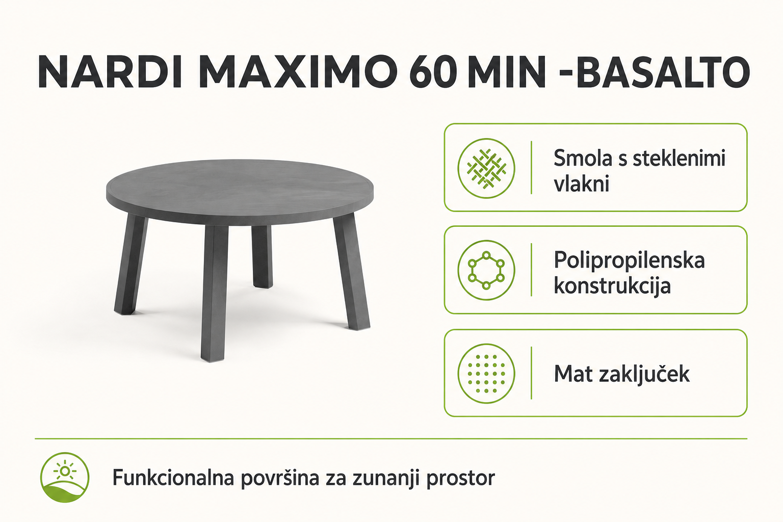 Infografika izdelka Vrtna mizica MAXIMO 60 MIN -Basalto - Nardi: smola s steklenimi vlakni, polipropilenska konstrukcija in mat zaključek.