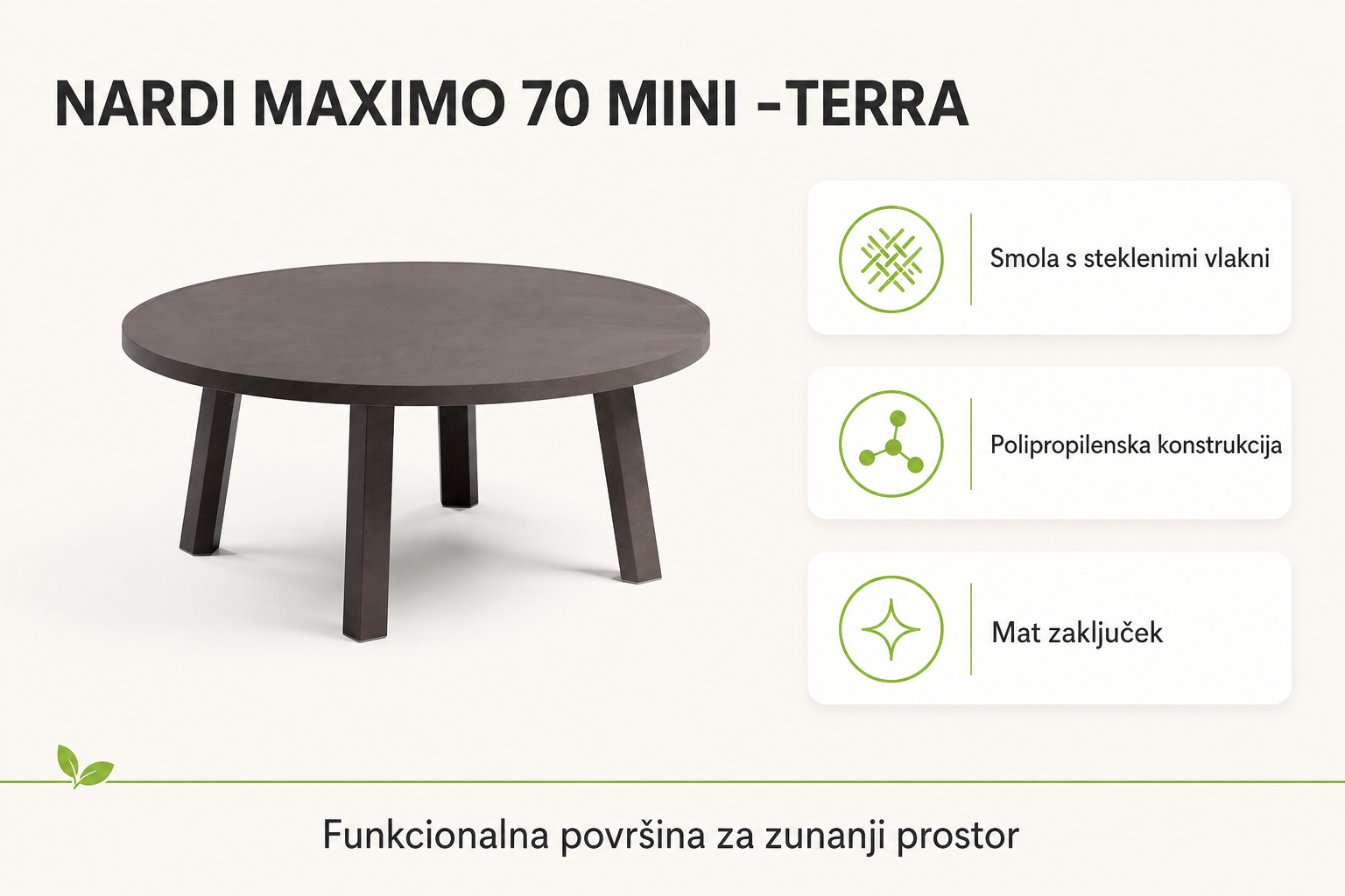 Infografika izdelka Vrtna mizica MAXIMO 70 MINI -Terra - Nardi: smola s steklenimi vlakni, polipropilenska konstrukcija in mat zaključek.