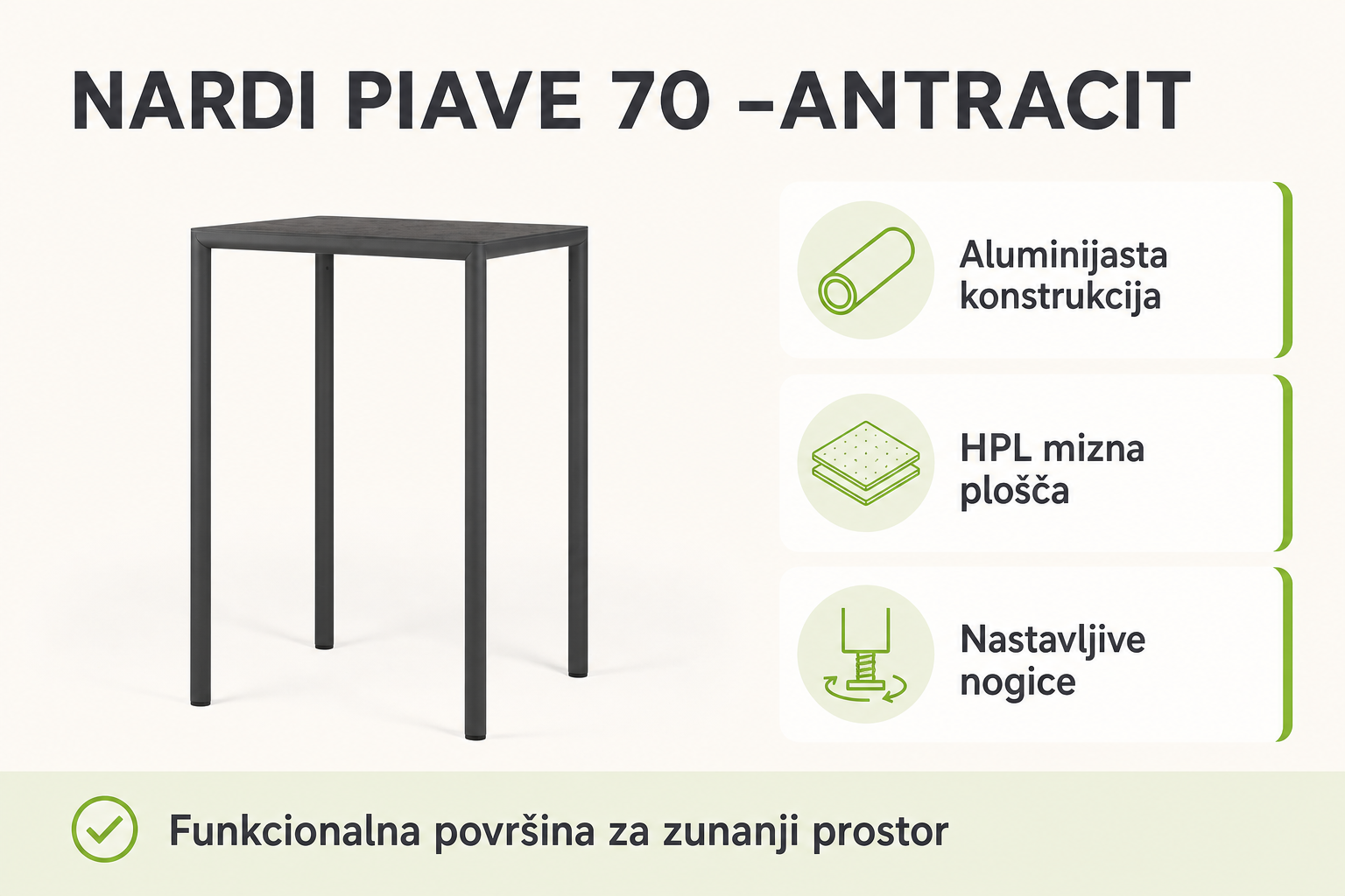 Infografika izdelka Visoka vrtna miza PIAVE 70 -Antracit -NARDI: aluminijasta konstrukcija, hpl mizna plošča in nastavljive nogice.