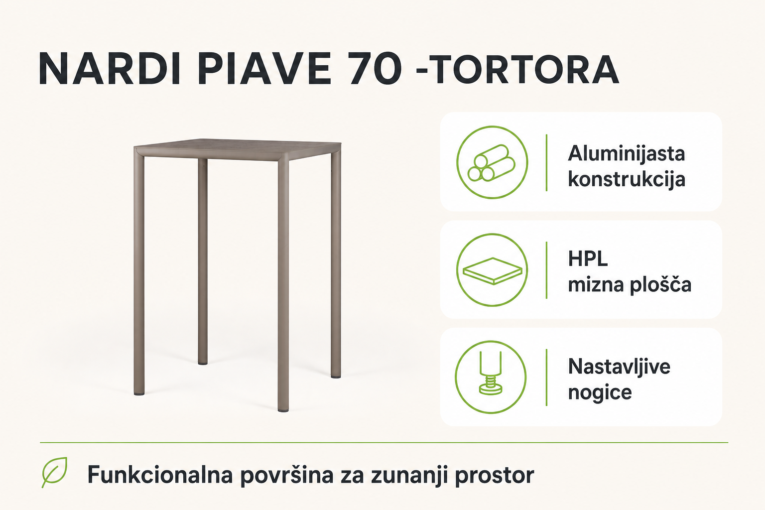 Infografika izdelka Visoka vrtna miza PIAVE 70 -Tortora - NARDI: aluminijasta konstrukcija, hpl mizna plošča in nastavljive nogice.